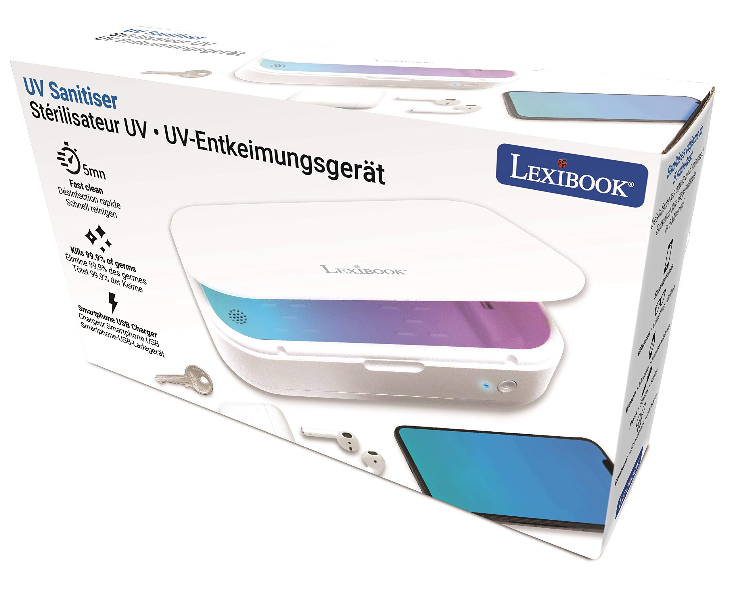 Lexibook LexibookStérilisateur UV - Boîte Stérilisatrice pour Désinfecter Masques, Smartphones, Clés, Écouteurs - Box Lampe UV Stérilisation Rapide 5 Minutes - Aromathérapie - Blanc, UVS100