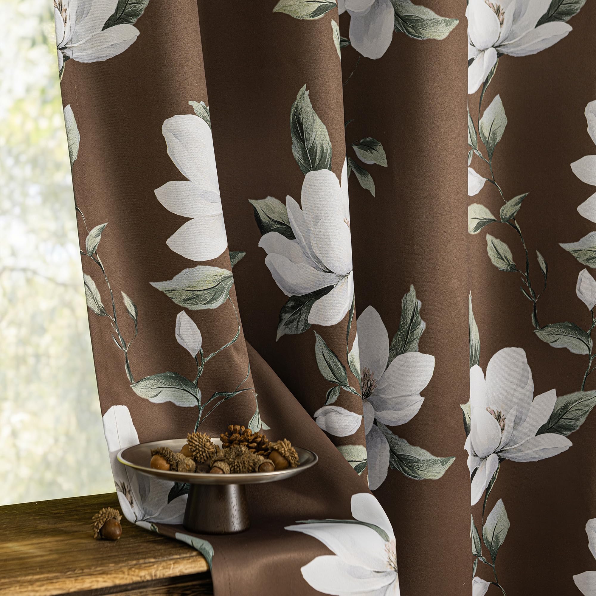 MYSKY HOME Floral 95% Blackout Curtains 72 Inch Long 2 Panels Set for Kitchen White Flower Printed Thermal Insulated Light Blocking Black Out Grommet Window Treatments, 52" W Each Panel, Brown