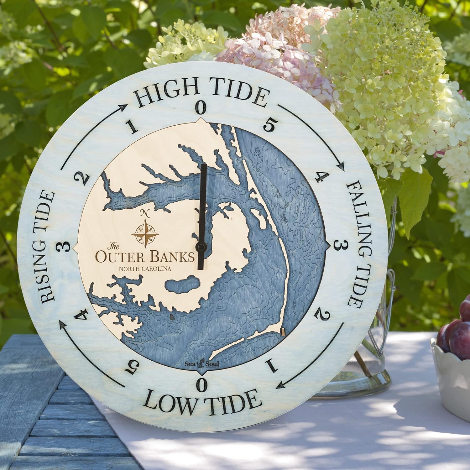 Sea & Soul Outer Banks 3D Wood Map Tide Clock, East Coast Nautical Chart 16-inch Tide Clock, Fisherman Gifts, Sailor Gifts, Coastal Décor, Nautical Décor, Unique Gifts (All Birch/Deep Blue)