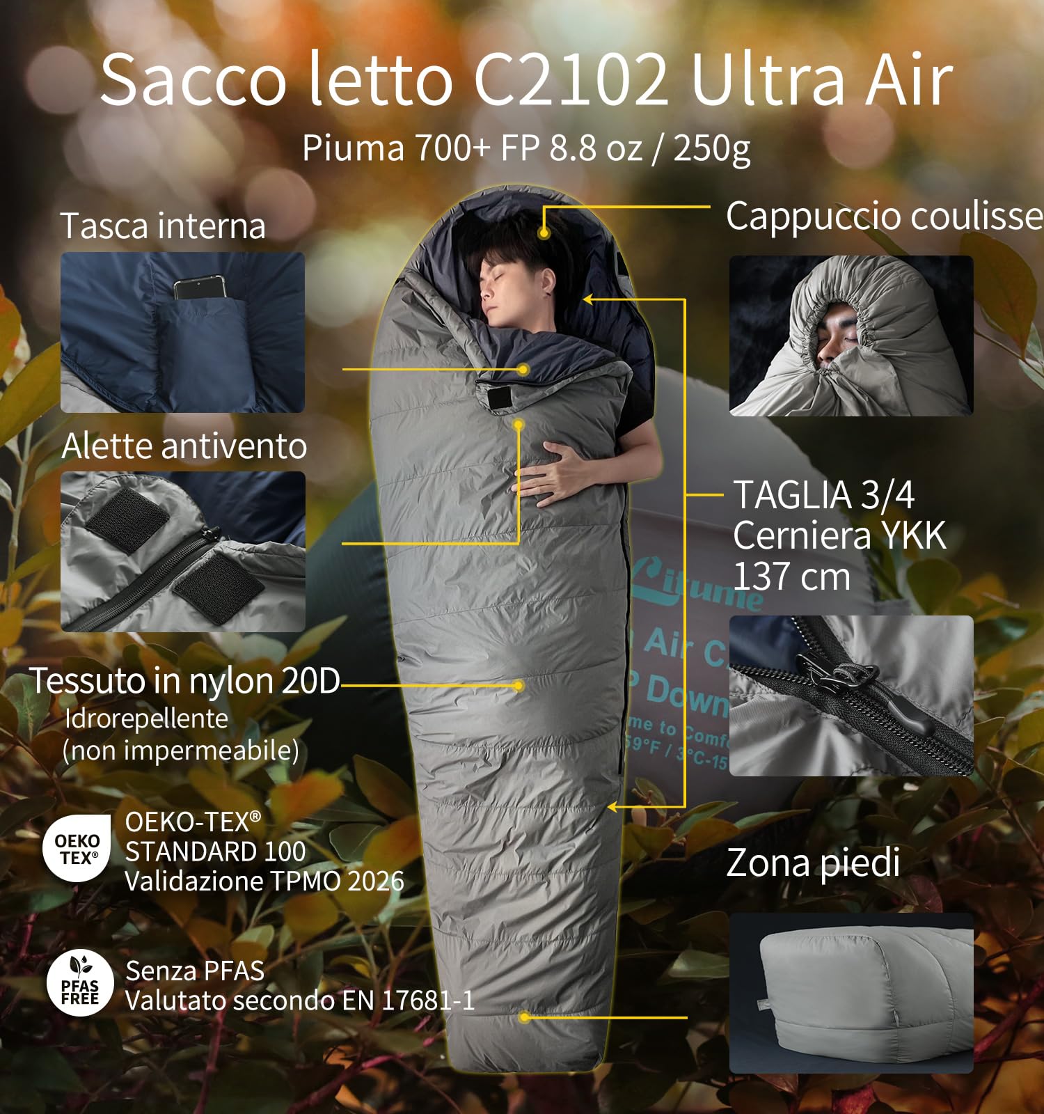 Litume Sacco a pelo Mummia Ultra Leggero in Piuma D'oca, 700 Fill Power, Sacco per 3 Stagioni, Ultra Leggero, Compatto e Portatile, per Escursionismo, Viaggi, Campeggio, Zaino, Adulti