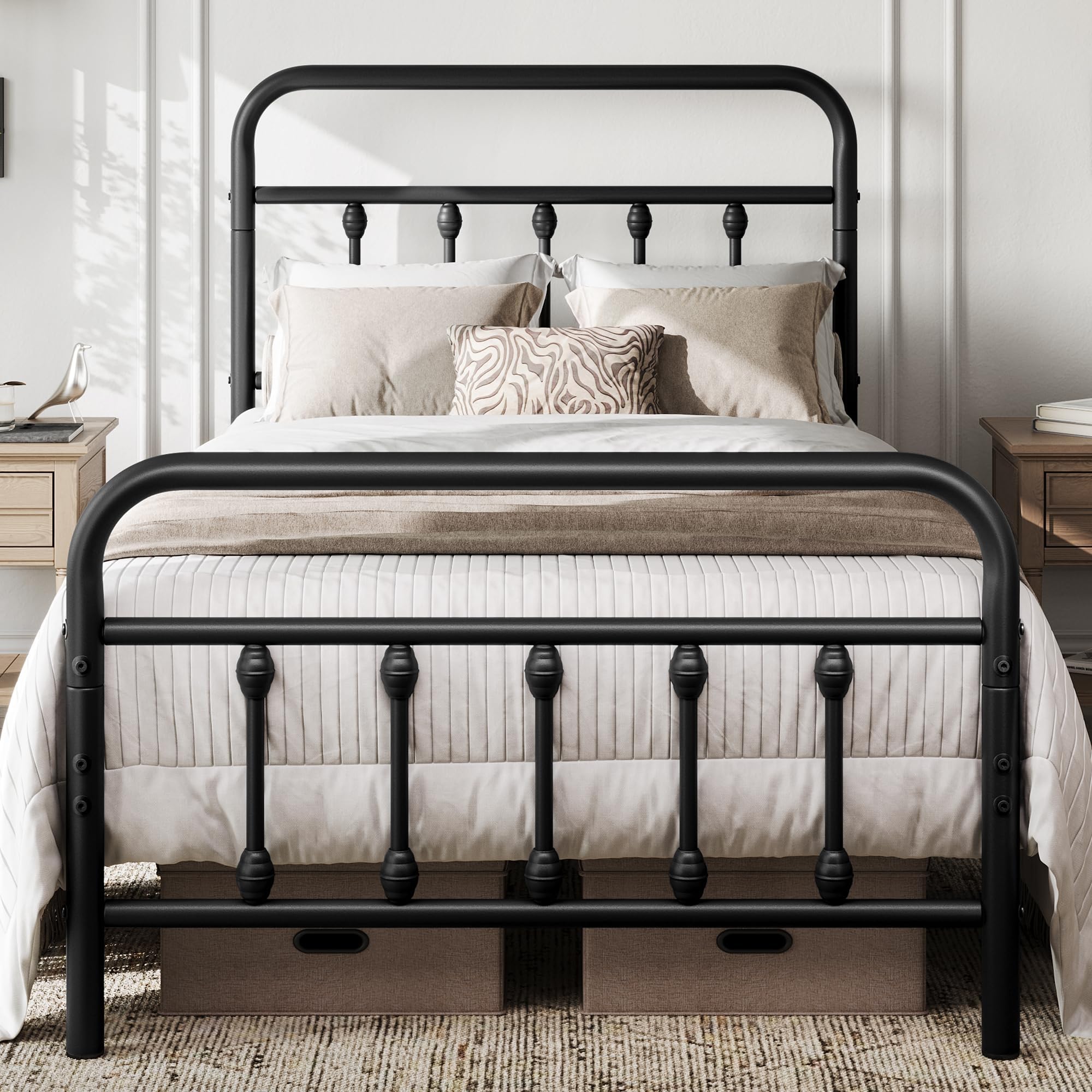 Yaheetech 3ft Single Bed Frame Vintage Iron Platform Bed with High Headboard and Footboard, Strong Metal-Framed Bed with Storage Black