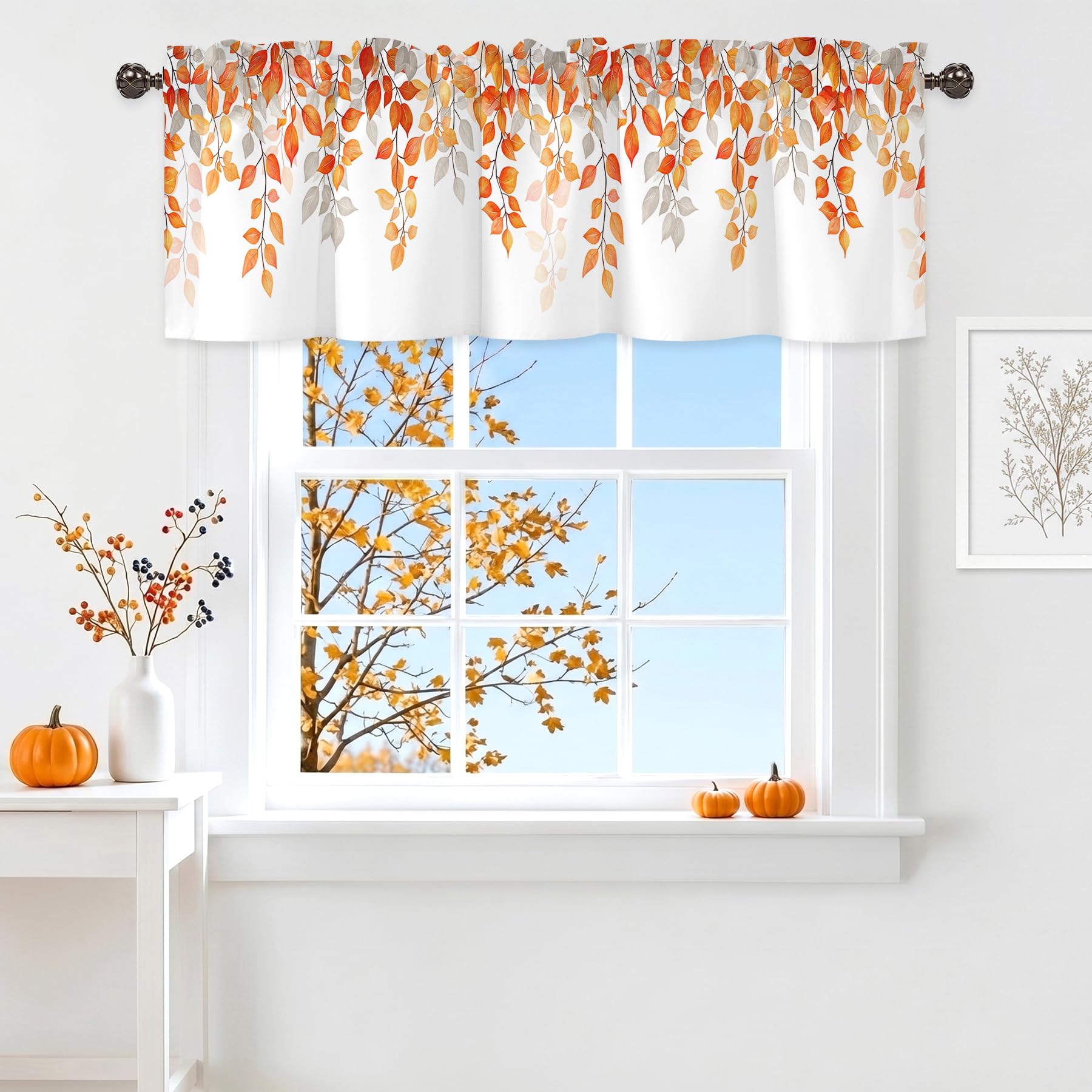 Fall Thanksgiving Valance for Windows,Window Treatment Curtains Rod Pocket Sheer Small Short Valance for Kitchen Bathroom Laundry Basement,42Wx12L inch,Autumn Orange Gray Maple Leaves