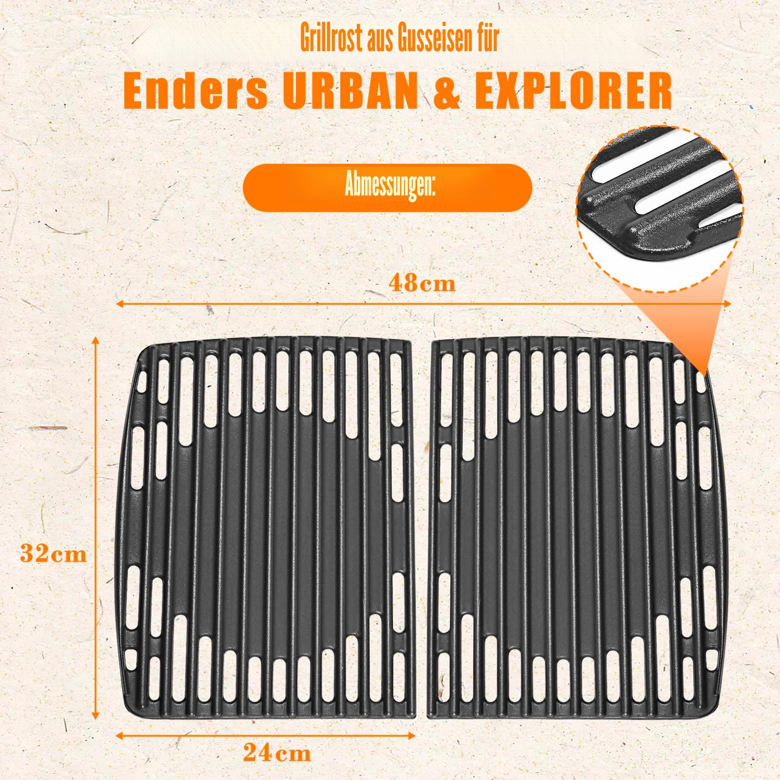 GFTIME 32 x 48cm Gusseisen Grillrost Set für Enders Urban, Urban Pro, Explorer, Explorer Pro Gasgrill (vor 2025), Massives Gussrost Zubehör, Nicht für Enders Urban II & Explorer II, 2 Stück