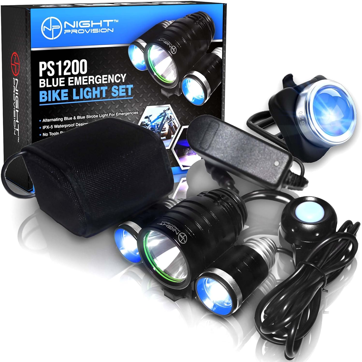 NP NIGHT PROVISION PS1200-BLUE Front & OPTIKS-Blue Emergency Patrol Bike Light - Blue/Blue Strobe LED - Rechargeable - Water Proof - 5 Modes. for Police Officers, EMS, Volunteers, and Security