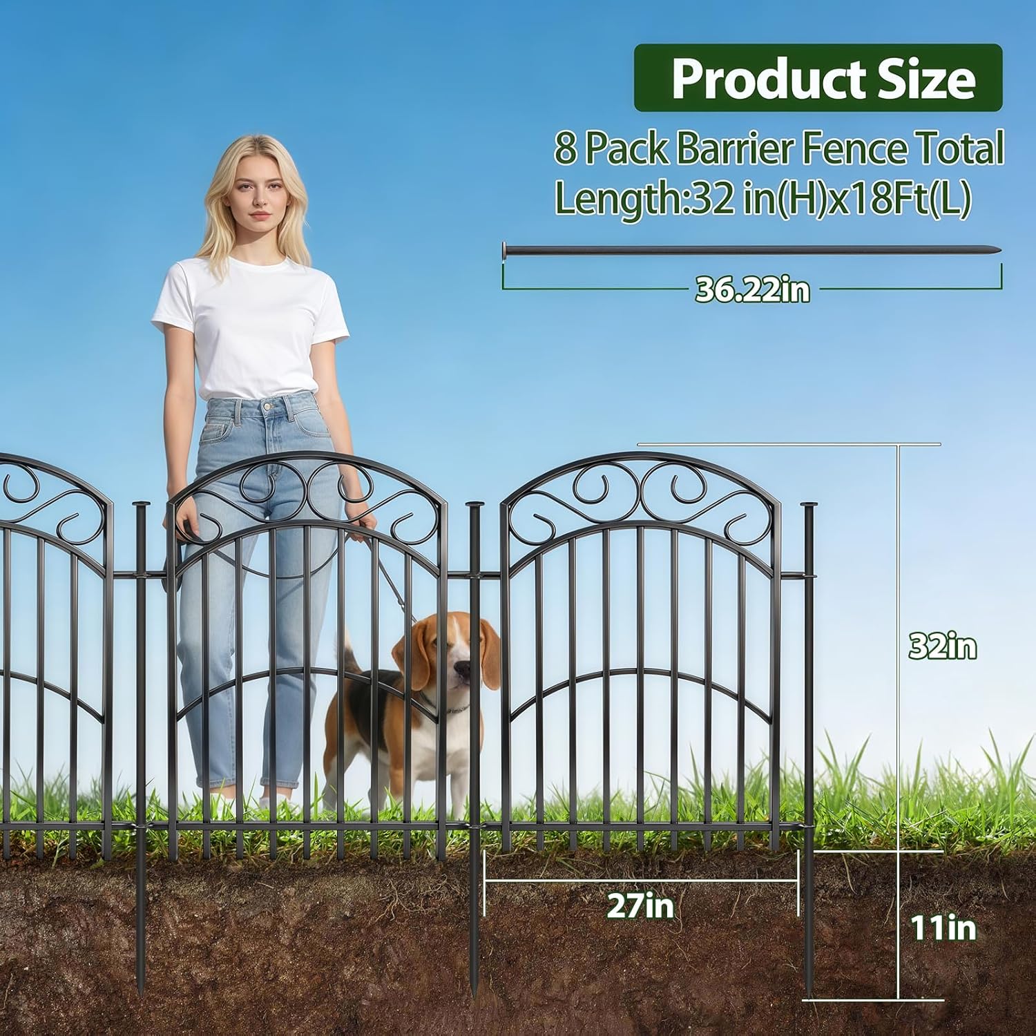 KYATE 8 Panels No Dig Decorative Outdoor Garden Fences for Garden Yard Backyard Patio, 32in(H)×18Ft(L) Metal Rustproof Thickened Pipe Heavy Duty Fence, Landscape Border Animal Barrier