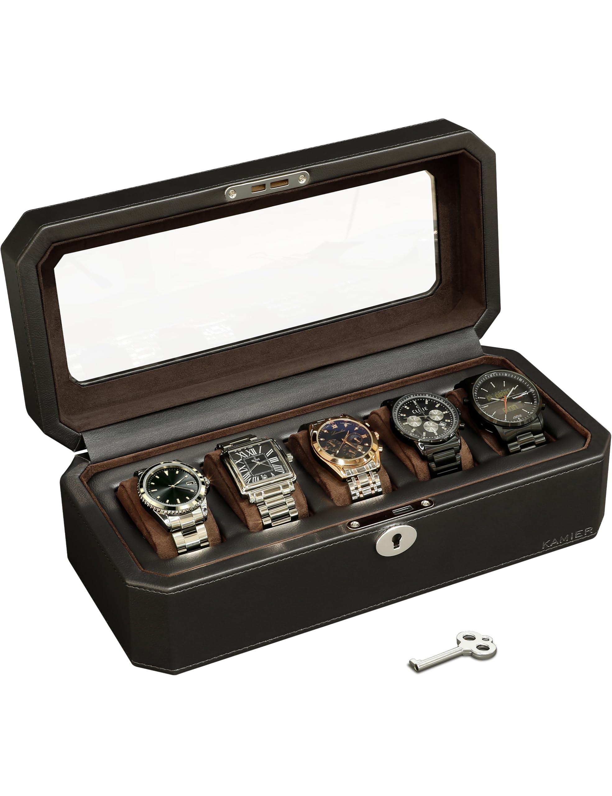 KAMIER Scatola Orologi 5 scomparti, serratura, coperchio trasparente