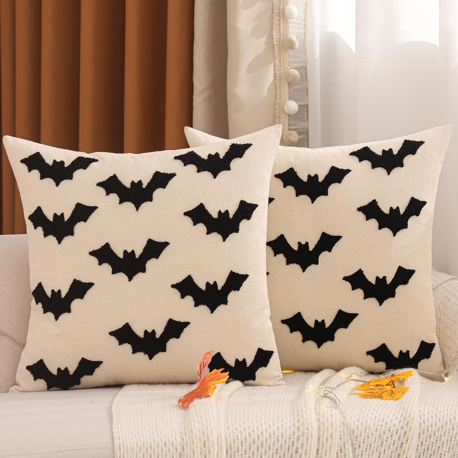 Halloween Throw Pillow Covers 12x20 inch Set of 2 Black 3D Bats Embroidery Pillow Cases Thanksgiving Holiday Cushions Covers Home Party Fall Decor Pillowcases Lumbar Cushion Covers