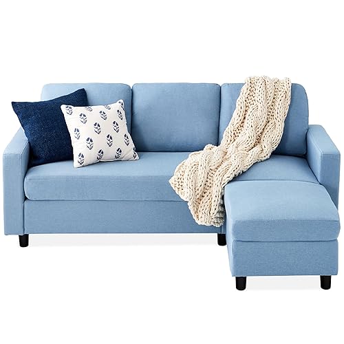 Best Choice Products Upholstered Sectional Sofa for Home, Apartment, Dorm, Bonus Room, Compact Spaces w/Chaise Lounge, 3-Seat, L-Shape Design, Reversible Ottoman Bench, 680lb Capacity - Light Blue - Light Blue