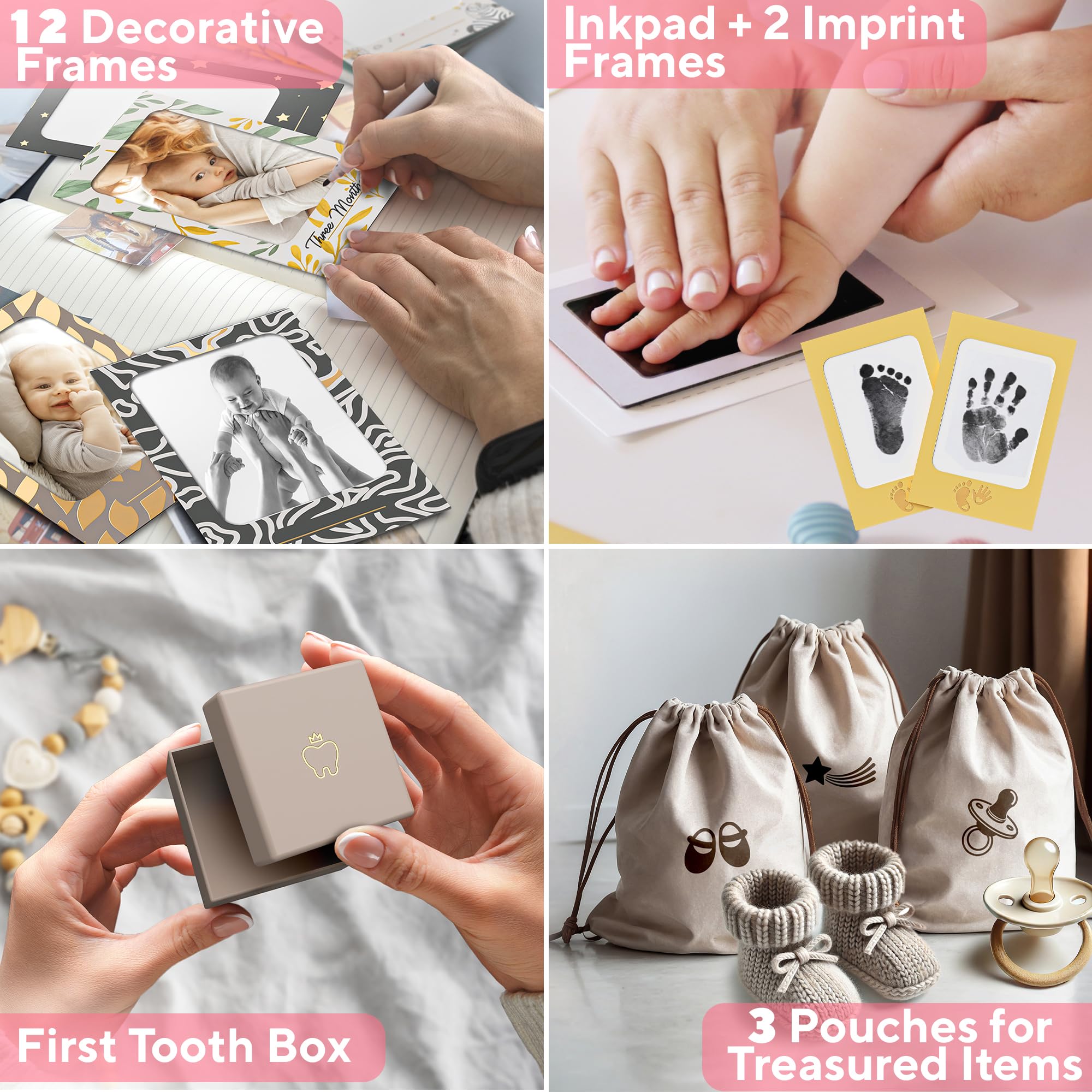 Ultimate Baby - Caja de recuerdos para niños y niñas, hermosa caja de recuerdos para nuevos padres, con kit de huellas de manos y pies, calcomanías de hito, caja de dientes y más, perfecto regalo para