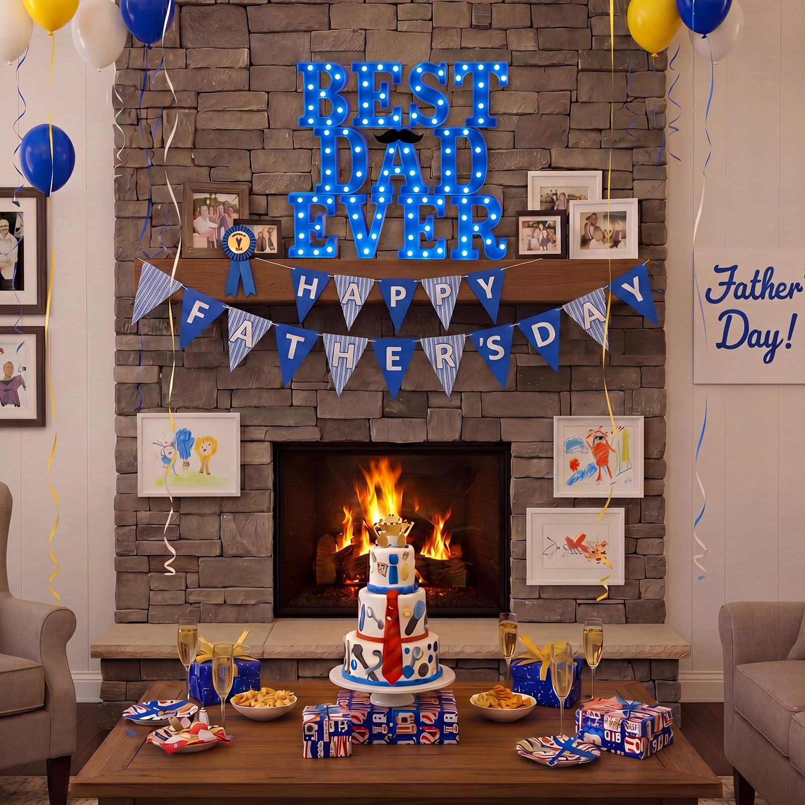 Ganeen Decorazione in plastica per festa del papà, con scritta in inglese "Best Dad Ever", con scritta in inglese "Best Dad Ever", decorazione da tavolo con baffi, decorazione per casa, mensola da