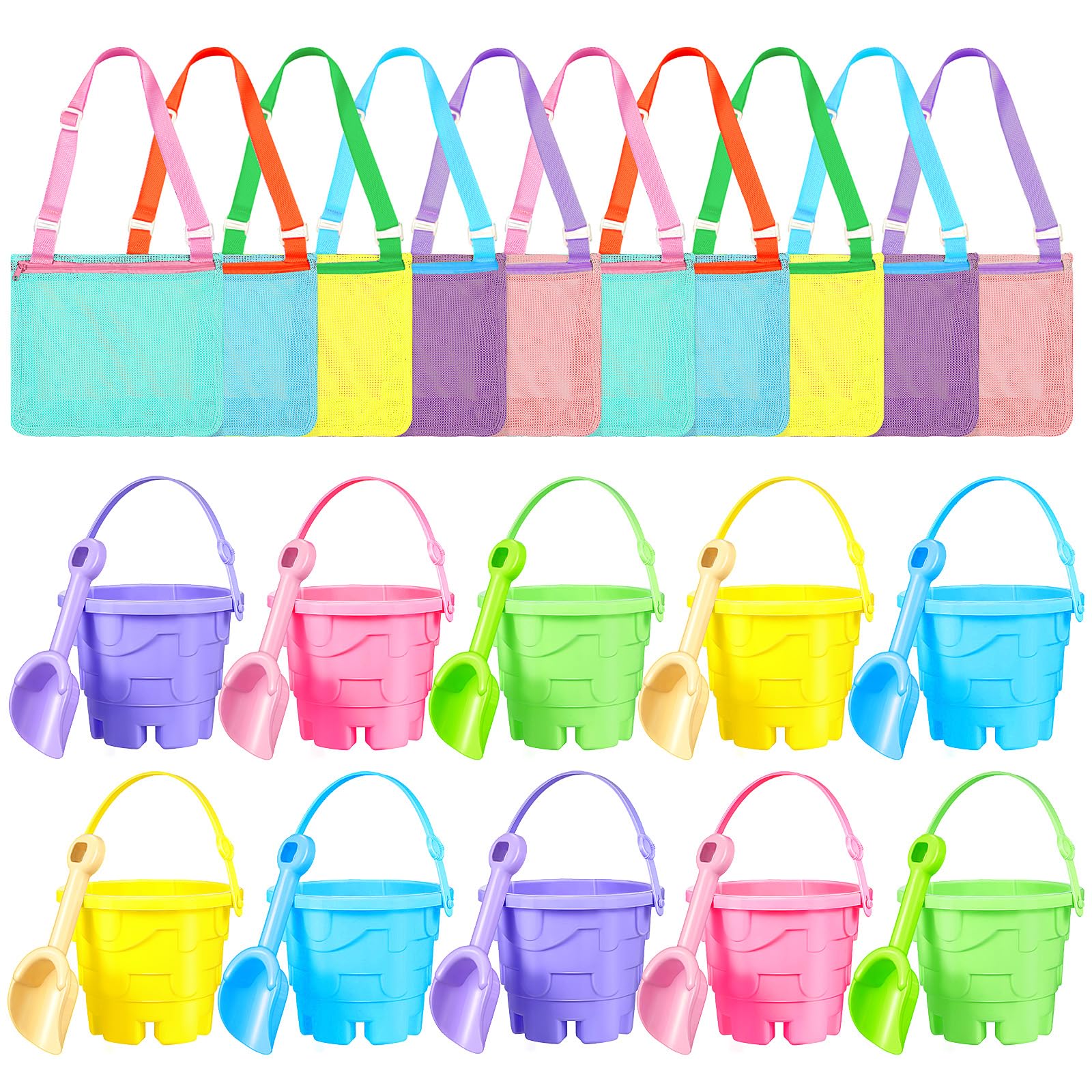 Photo 1 of 30 Pcs Pastel Color Beach Sand Toys, Include 10 Shell Collecting Bag 10 Sand Castle Buckets, and 10 Sand Shovels, Snowball Bucket Christmas Stuffer Camping Fishing Car Wash