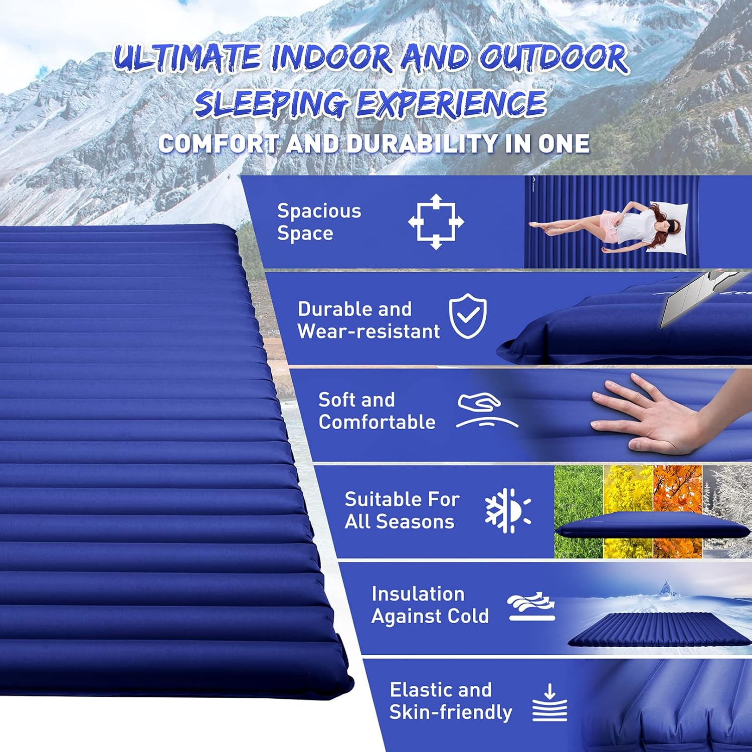 Double Camping Sleeping Pad, Ultralight Waterproof Inflatable 2-Person Sleeping Mat with Inflation Bag, Lightweight Portable Air Mattress for Outdoor Backpacking Hiking Car Traveling Tent (Navy)