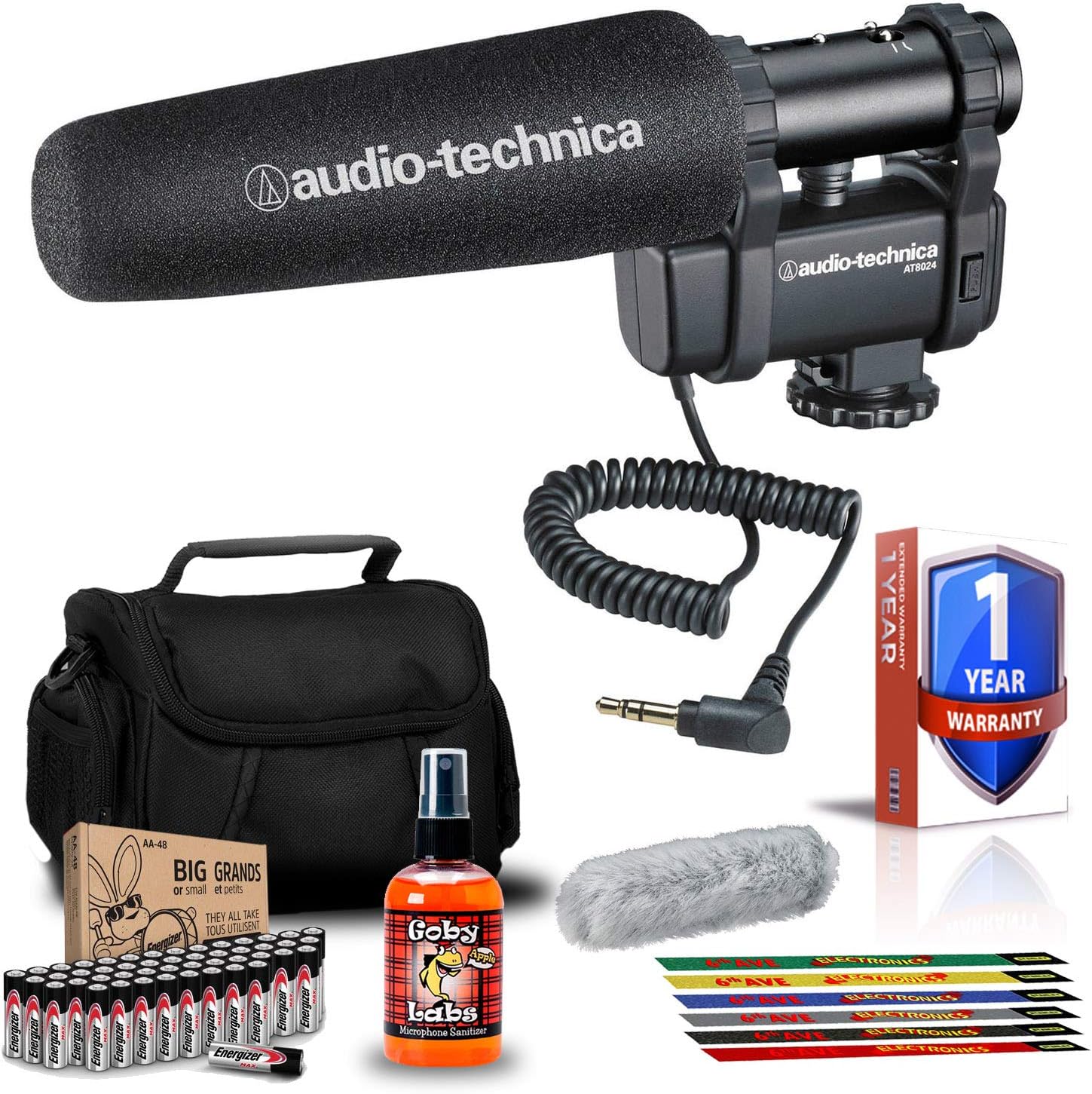 Audio-Technica AT8024 Stereo/Mono Camera-Mount Mic with AA Batteries, Case, Cable Ties, Sanitizer, and Extra Warranty