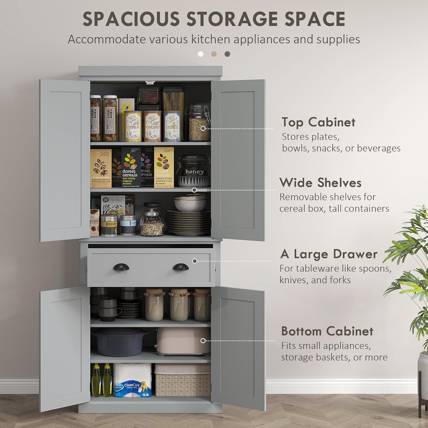 Image showing the HOMCOM pantry cabinet with labels indicating 'Top Cabinet', 'Wide Shelves', 'A Large Drawer', and 'Bottom Cabinet' and their typical contents.