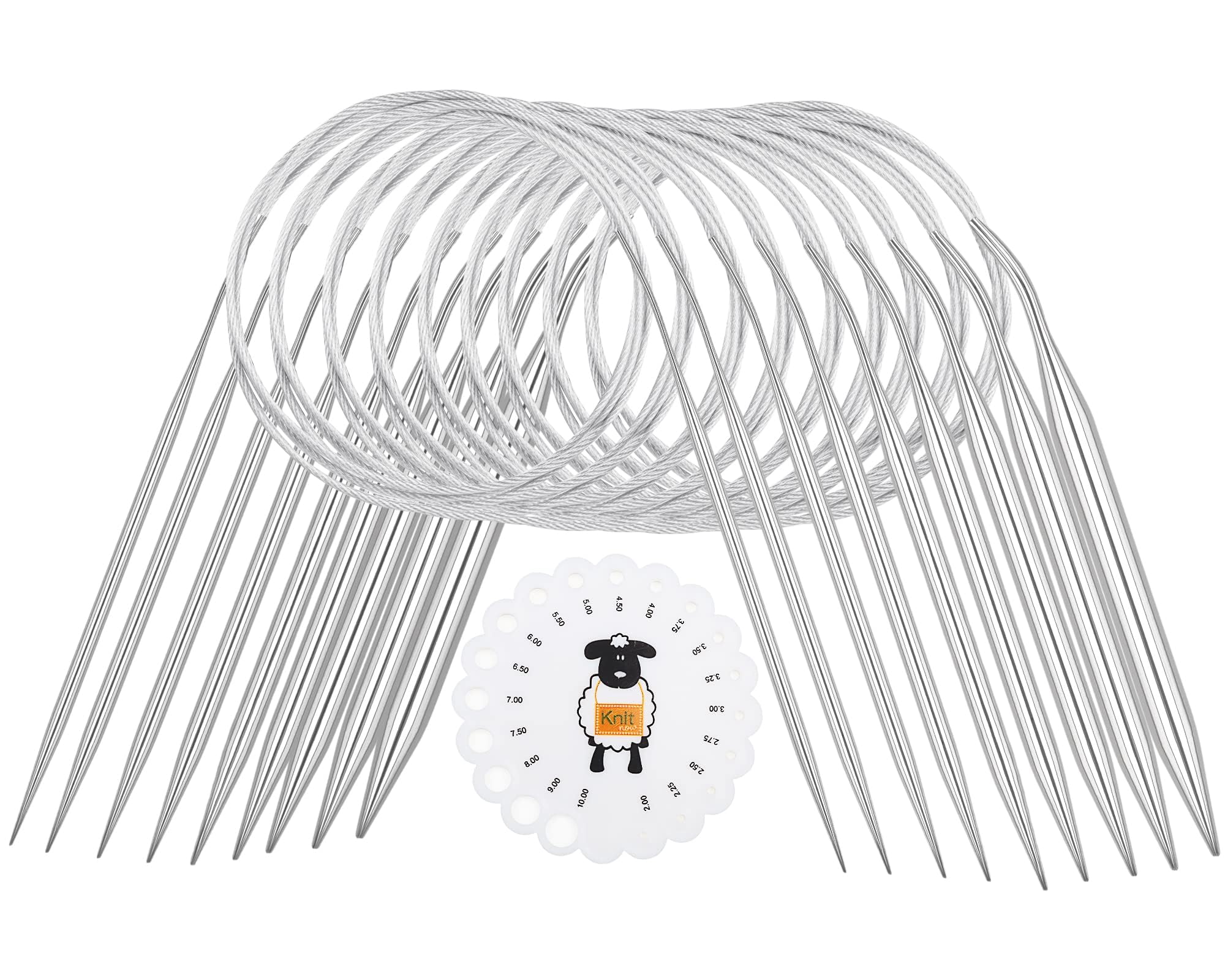 Coopay Edelstahl Rundstricknadeln Set, 9 Stück Mit Nadellehre, 60 cm Metall Stricknadeln 2,0-6,0mm Für Pullover, Schal, Decke Oder Großes Projekt