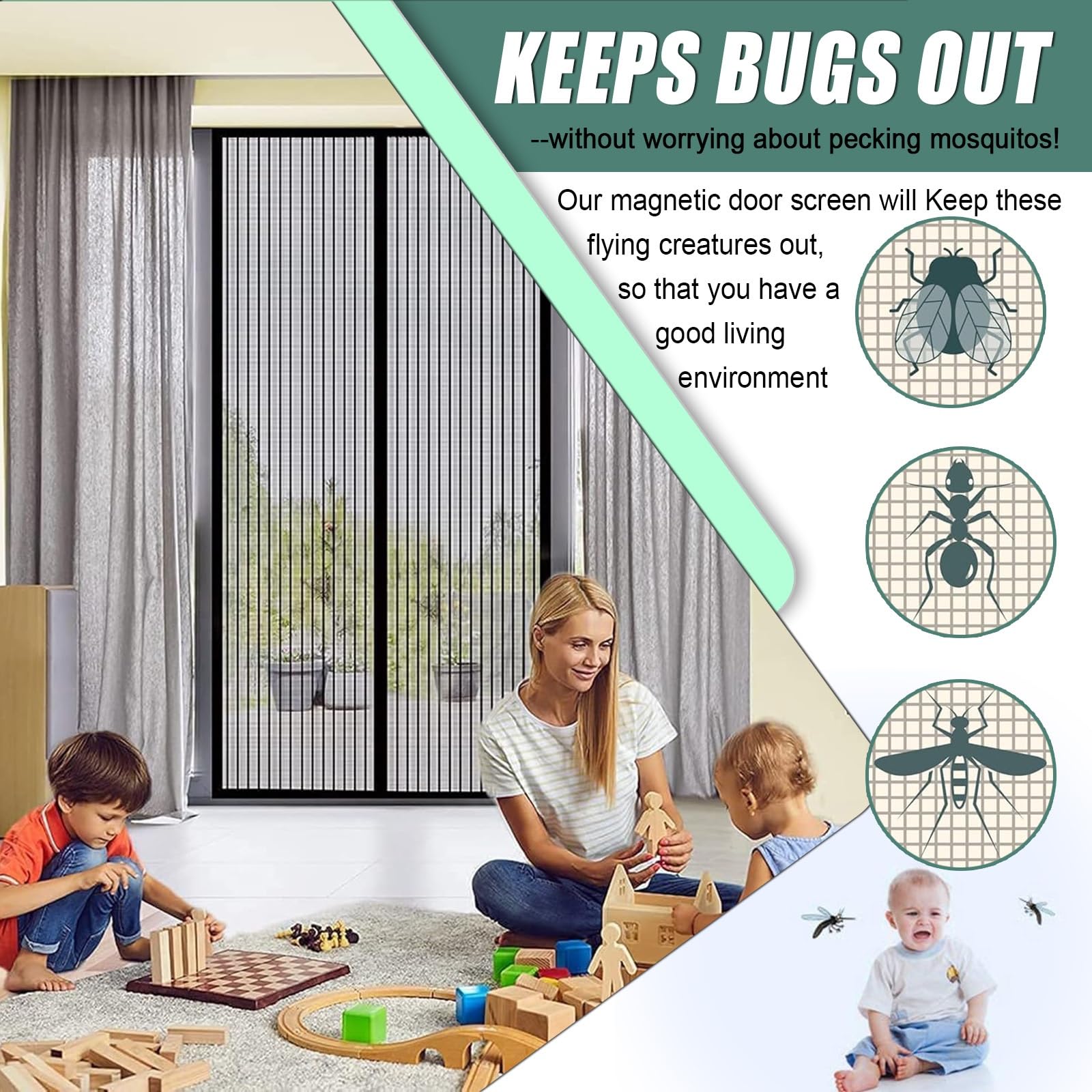 Fliegengitter Balkontür Magnet 156 x 200 cm Extra Starke Magnete, Magnetvorhang Ohne Bohren Insektenschutzvorhang mit Magneten für Balkontür Terrassentür, Schwarz