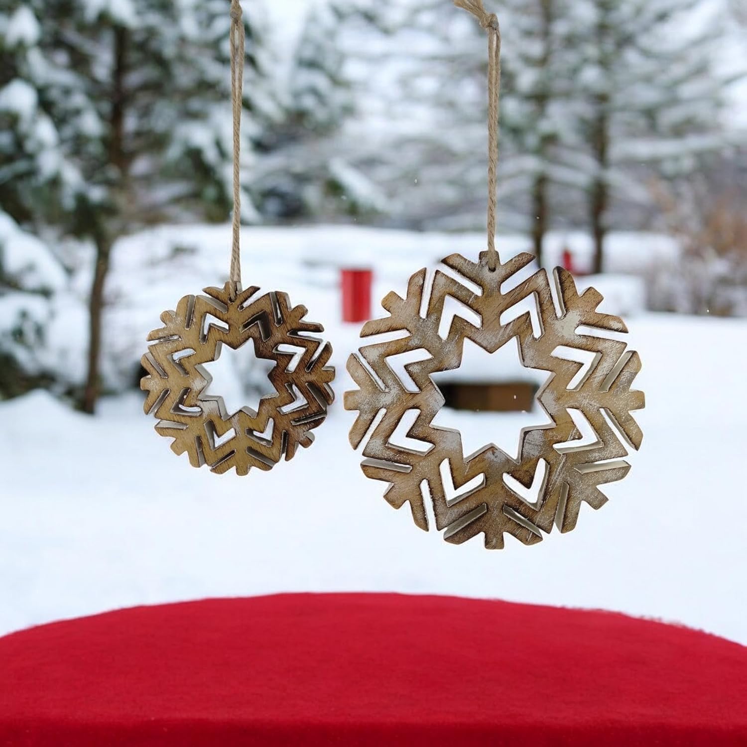 Set of 2 Rustic Wooden Snowflake Ornaments – White-Wash Farmhouse Christmas Tree Décor – Vintage-Inspired Holiday Decorations for Christmas Tree, Wreaths, and Festive Home Décor – Cozy Winter Accents.