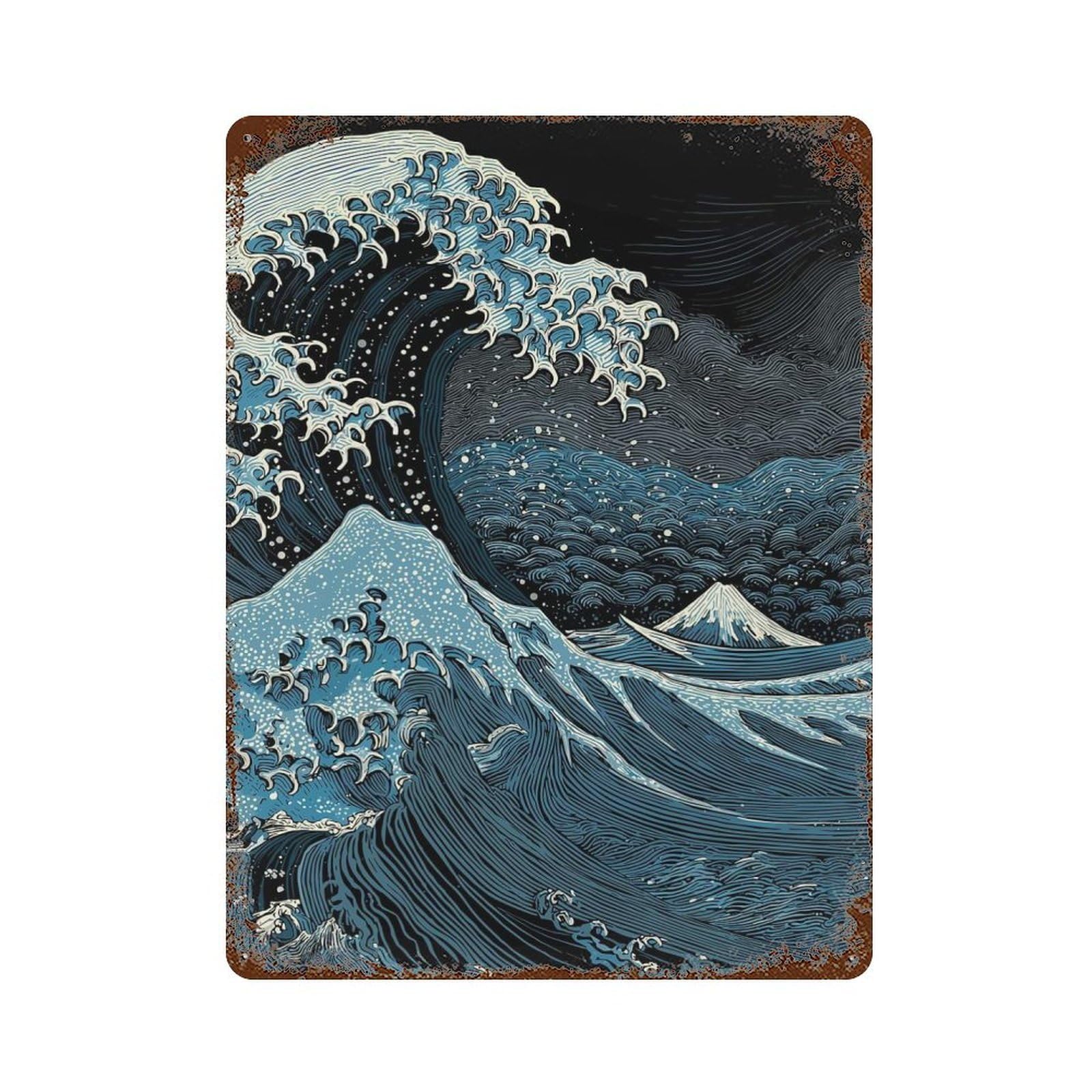 Rust Effect Great Wave Off Kanagawa Inspired Art Weathered Tin Sign 15.7"x11.8", Classic Wall Plaque for Living Room, Hallway And Home Decor
