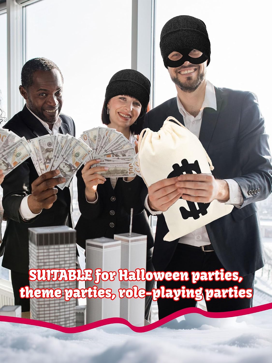 16 Pcs Adult Robber Costume Set for Halloween Burglar Theme Party | 4 Canvas Dollar Sign Money Bags, 4 Thief Eye Masks, 4 Beanie Caps, 4 Gloves, Halloween Burglar Theme Party Accessories