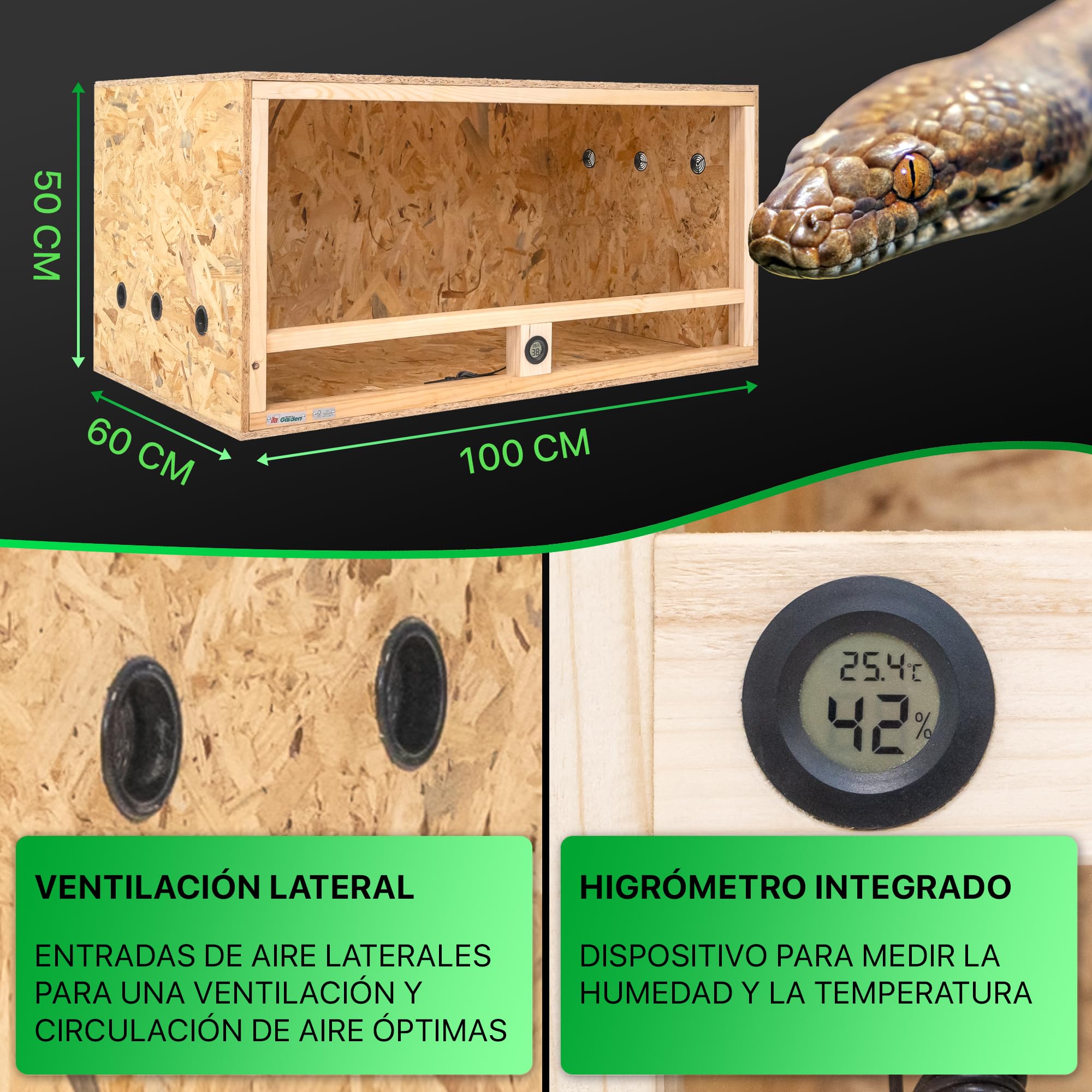 ITA Terrario de Madera 100x60x50 cm con ventilación Lateral e higrómetro Integrado - Terrarios de OSB-3 - para Reptiles, Serpientes, Anfibios - Producto UE, Certificado FSC