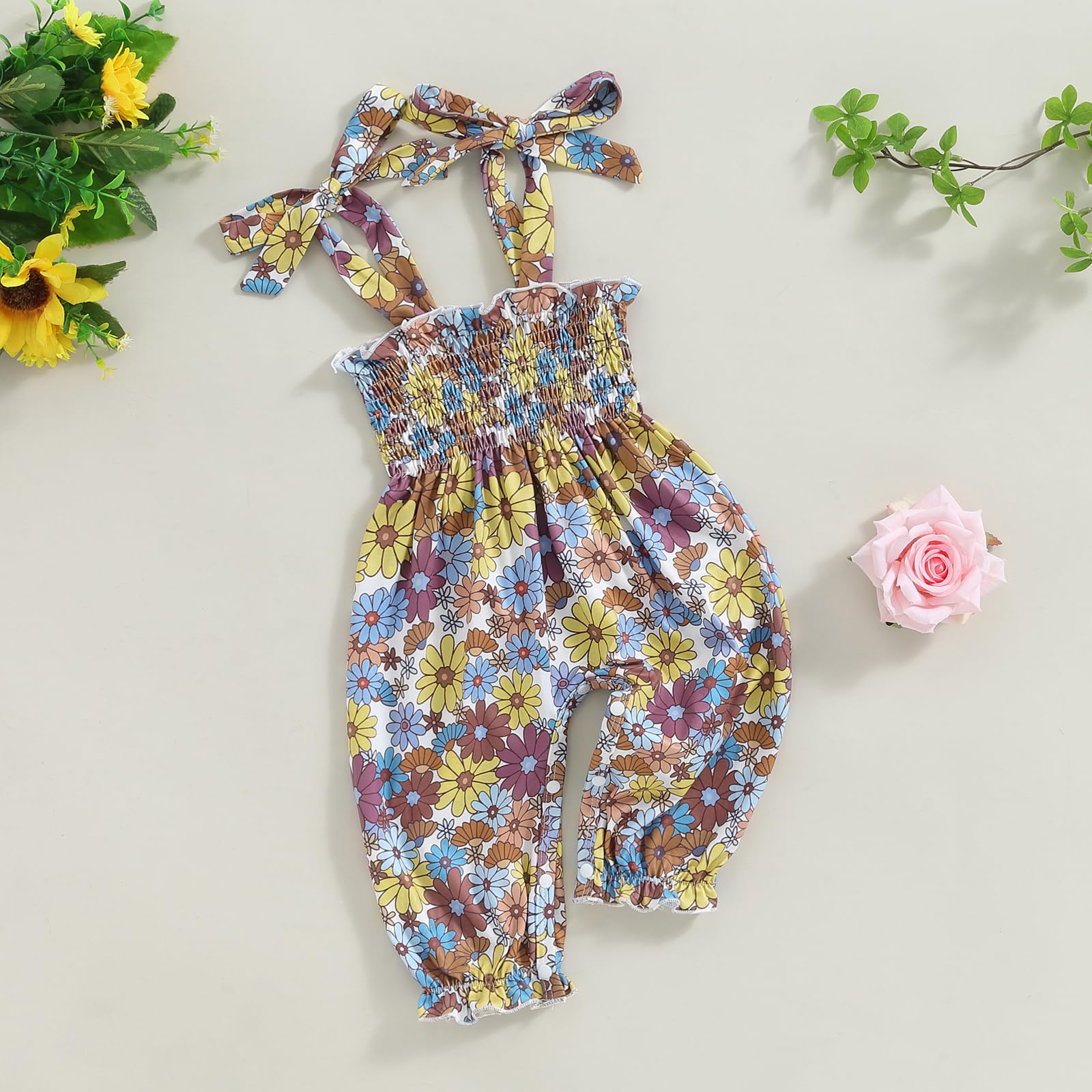 BSaogr Infant Girl Clothes Baby Overalls Sleeveless Floral One Piece Frill Trim Smocked Bodysuit Jumpsuit Summer Clothes (Yellow, 6-12 Months)