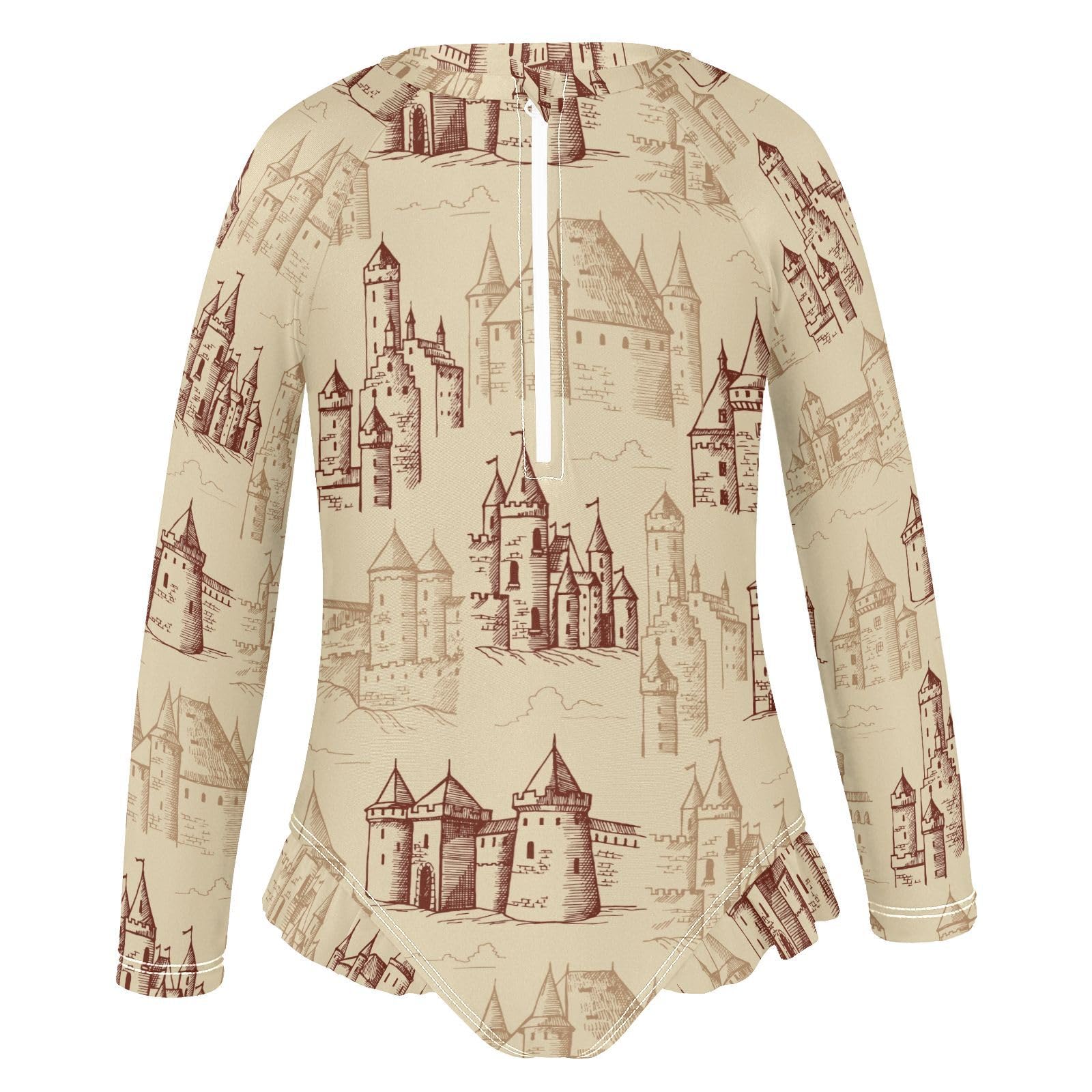 Ollabaky Baby Girls Long Sleeve Swimsuit Castles Pattern One Piece Bathing Suit Rash Guard UPF50+ Toddler Girl Swimwear, 5-6T Multi