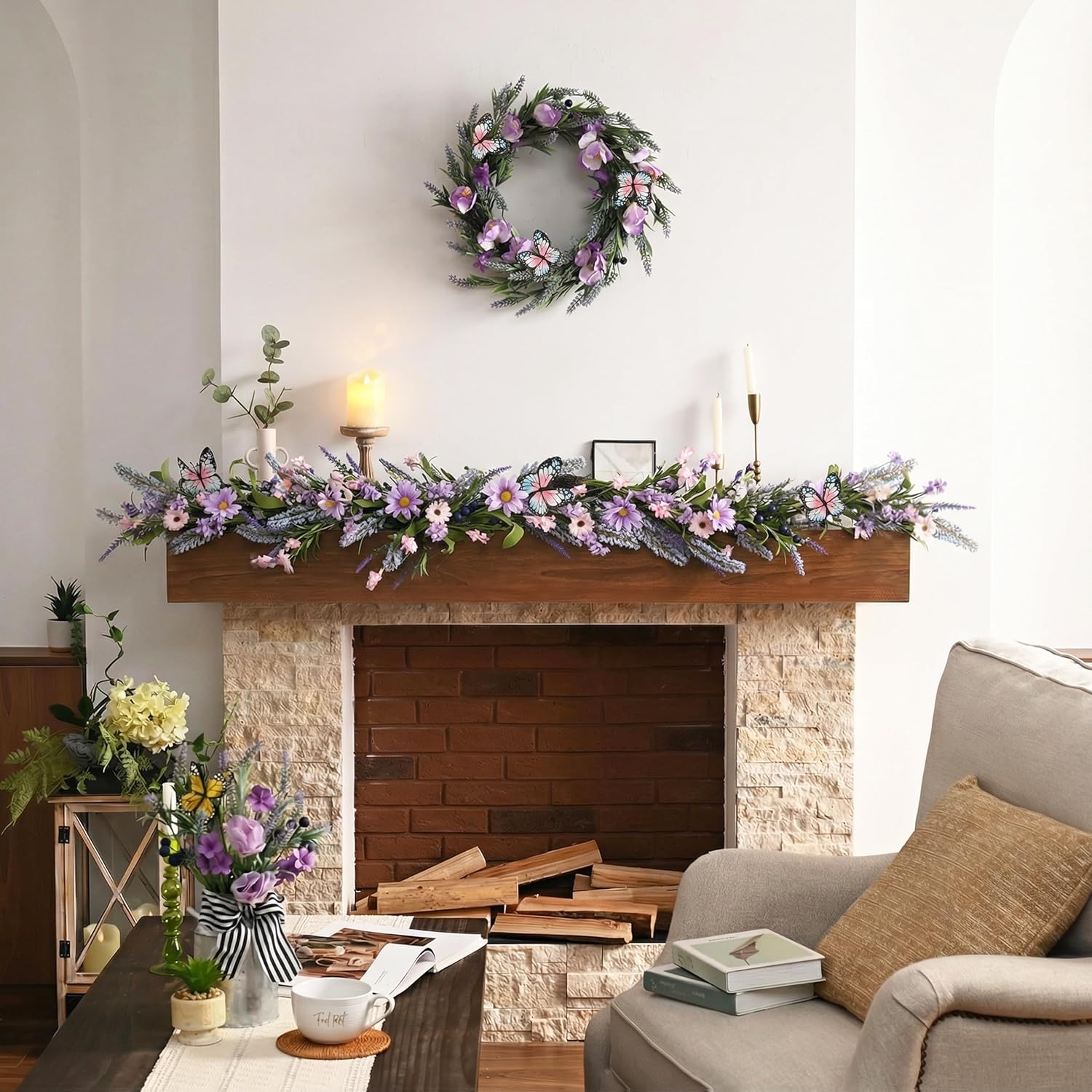 Valery Madelyn Purple Lavender Flower Garland for Mantle with Lights, 6 feet Pre-Lit Floral Garland Decorations for Farmhouse Wedding Anniversary Spring Summer Indoor Decor