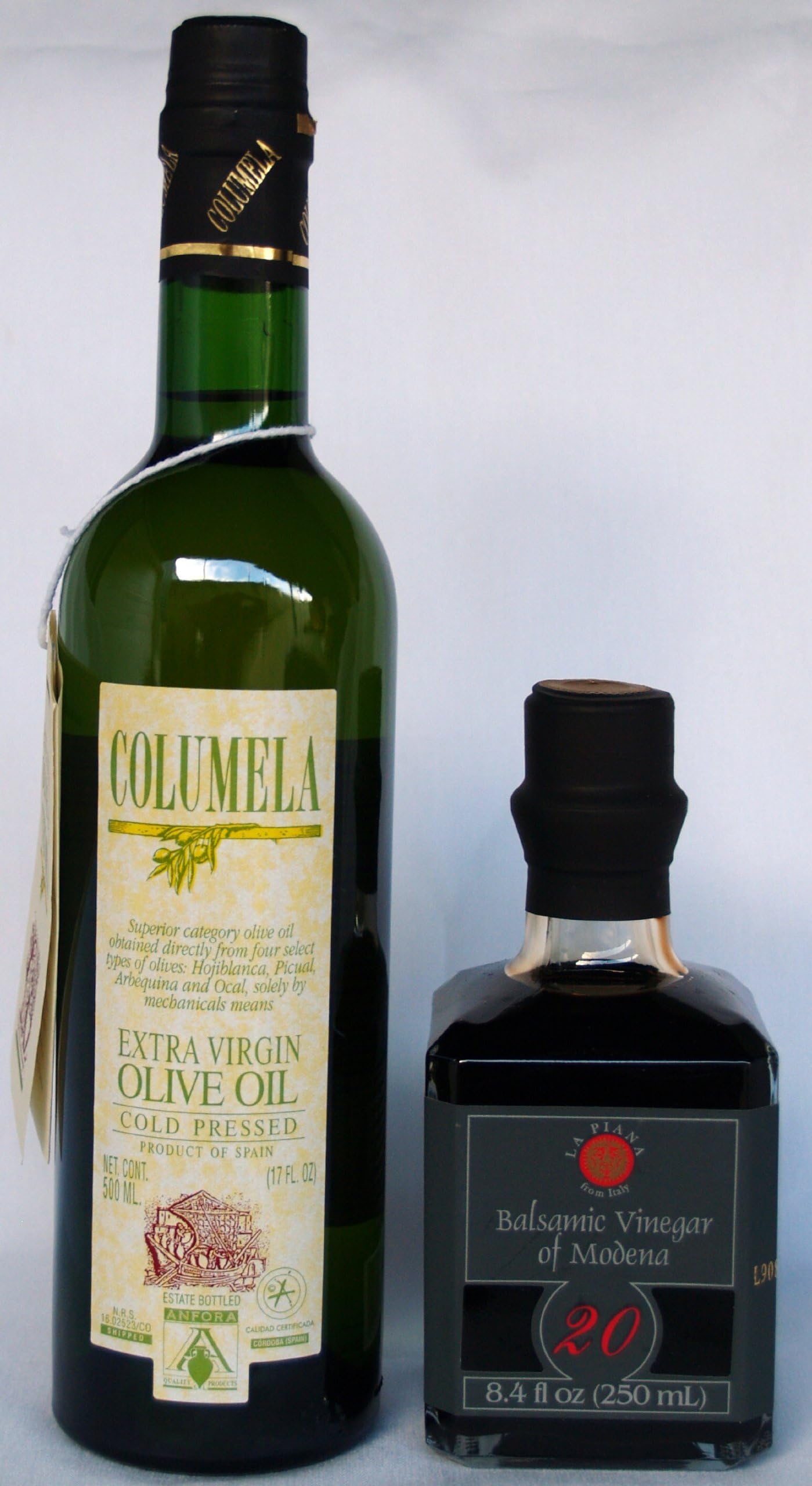 La Piana Gold Quality Aged Balsamic Vinegar and Columela Extra Virgin Olive Oil paired set (8.4 Fl Oz Balsamico de Modena and 17 oz bottle of Extra Virgin Spanish Olive Oil)