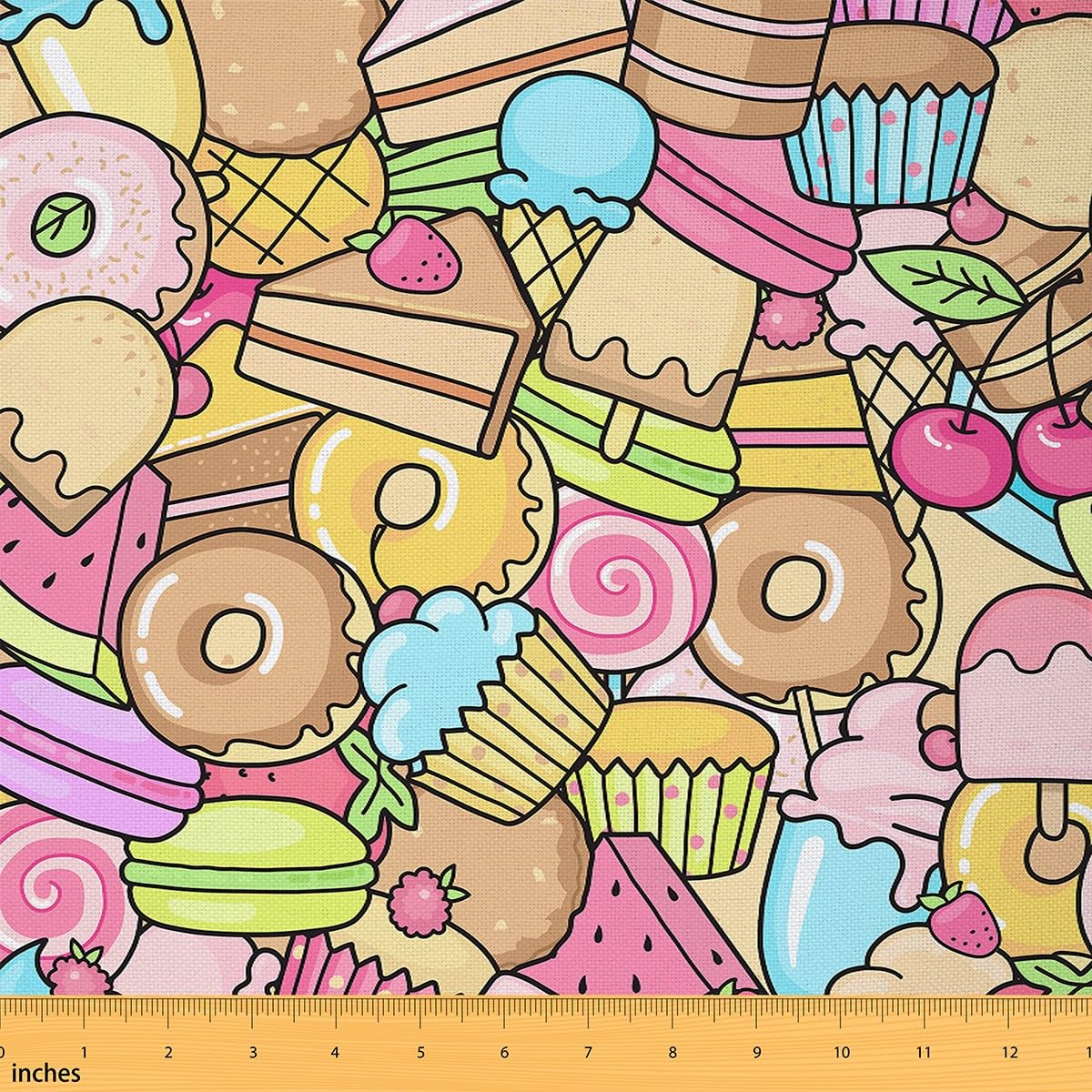 Cartoon Ice Cream Upholstery Fabric for Donut Cupcake Fabric by The Yard for Kids Boys Girls Delicious Desert Decorative Waterproof Outdoor Fabric