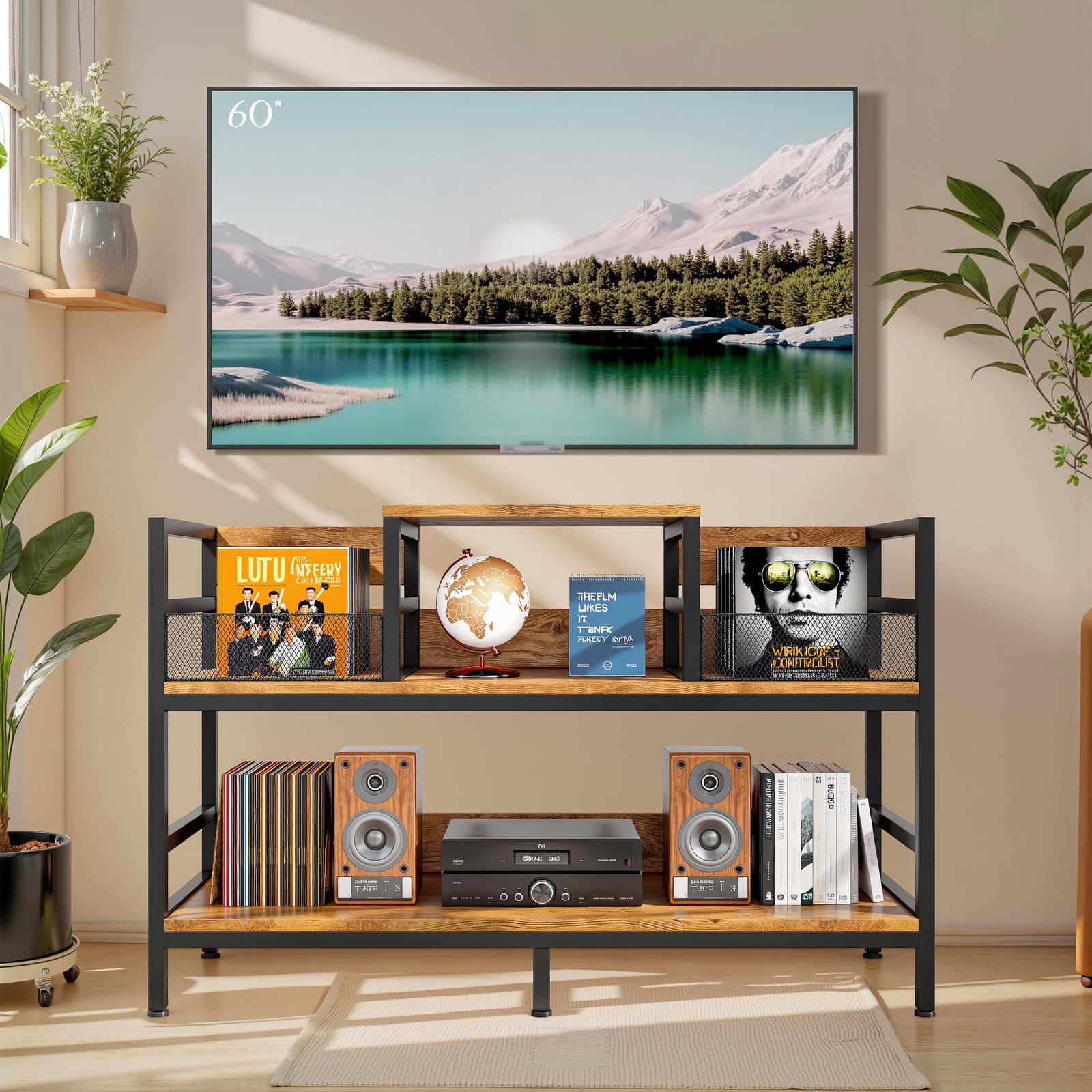 Mobile per giradischi con archiviazione in vinile, scaffale retrò a 3 livelli per CD e DVD, supporto per lettore di dischi e altoparlanti, capacità 350 LPs, 116,5 × 37 × 77,5 cm