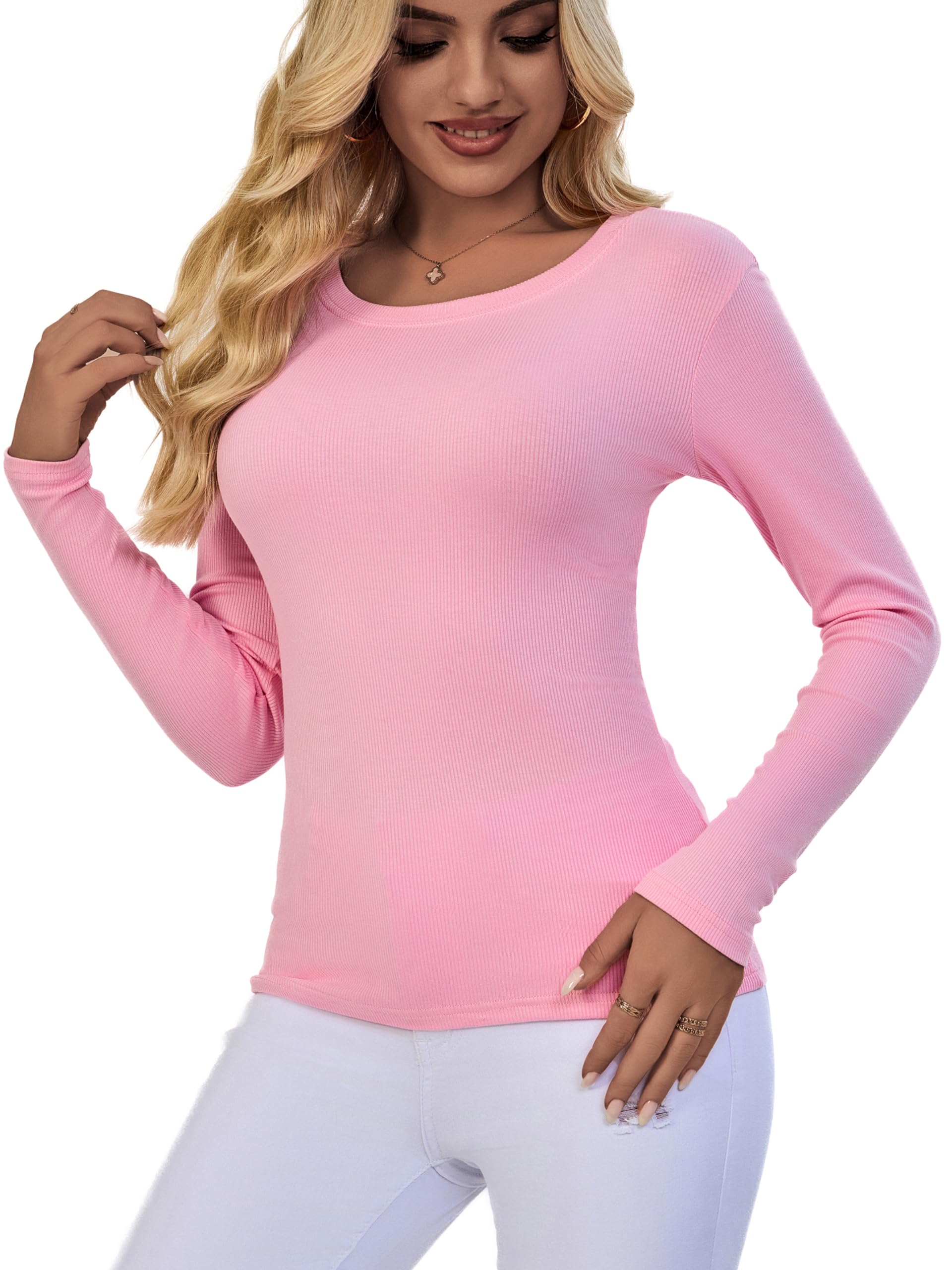 ACANI Long Sleeve T-Shirt Women Ribbed Scoop-Neck Shirts for Women Basic Trendy Lightweight Shirts for Women, Pink, Medium