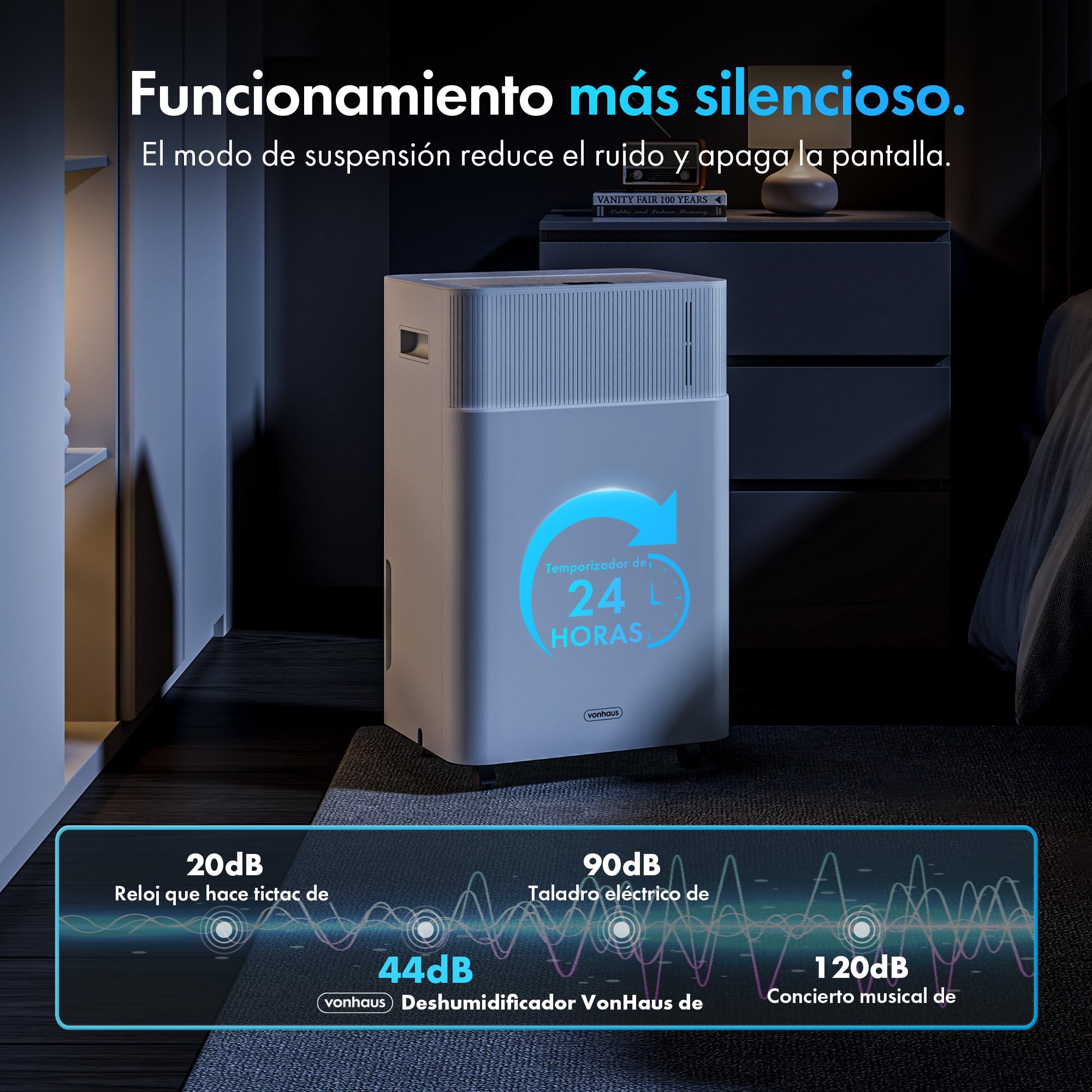 VonHaus Deshumidificador 20L Bajo Consumo para Casa Depósito de Agua de 4,5 L – Deshumidificador WiFi para Secar Ropa Previene el Moho y los Malos Olores – Ideal para Casa