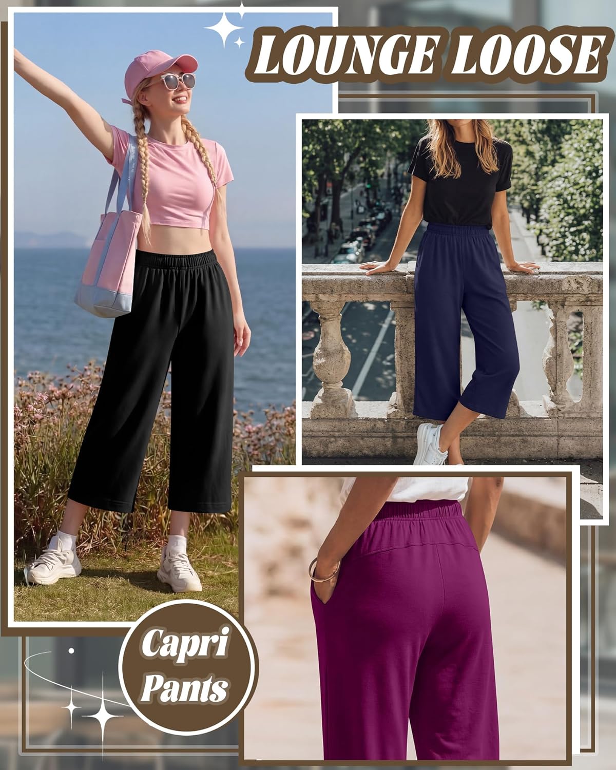 3 Pack Women's Capri Pants Wide Leg Yoga Sweatpants Casual Loose Summer Lounge Workout Cropped Jogger with Pockets