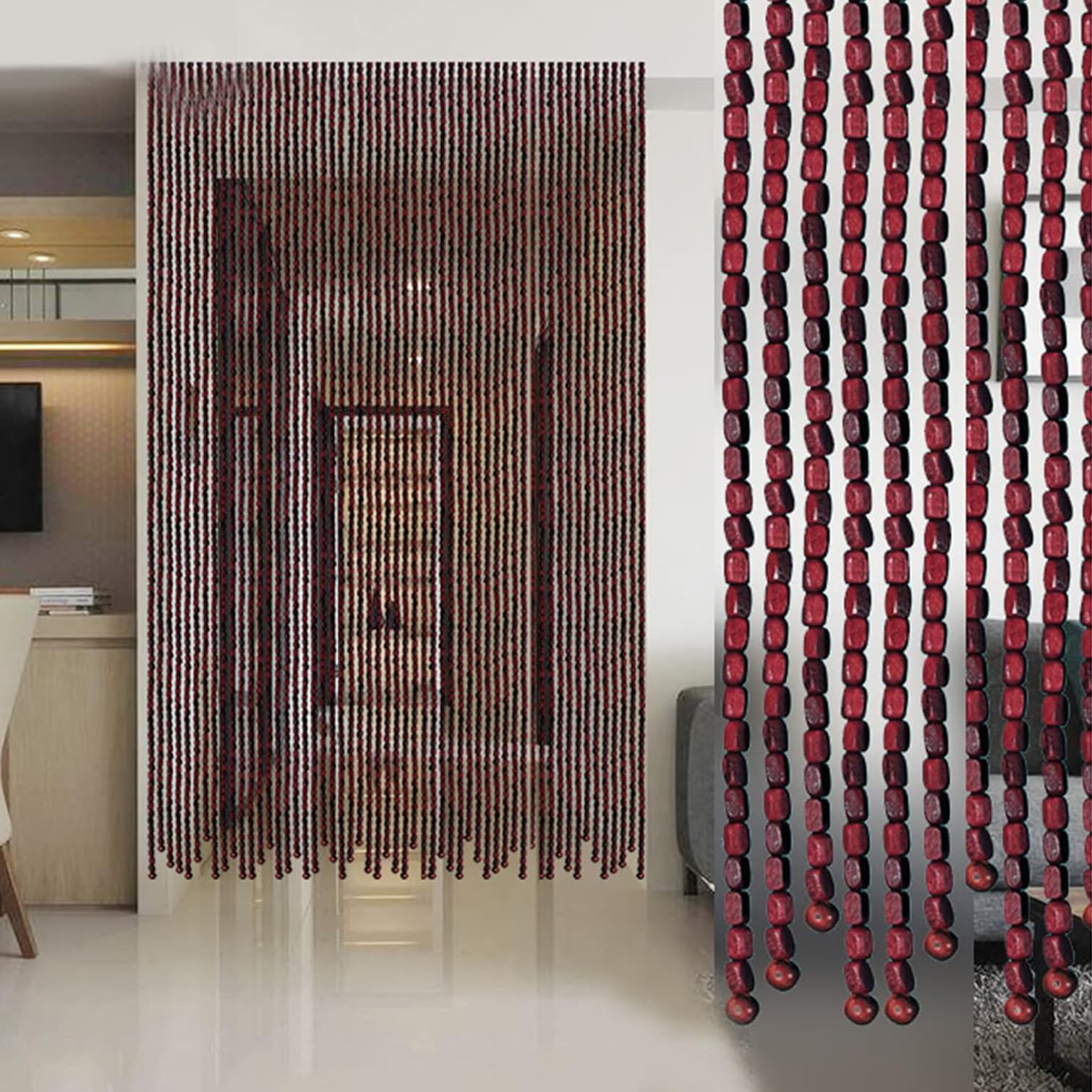 Rideau de Porte en Perles de Bois Suspendu,Rideaux en Perles de Bois Style Rétro,Panneau D'écran de Rideaux Cloisons pour Décor Entrée,Personnalisé,Largeur x Hauteur (80cm x 190cm(80 brins))