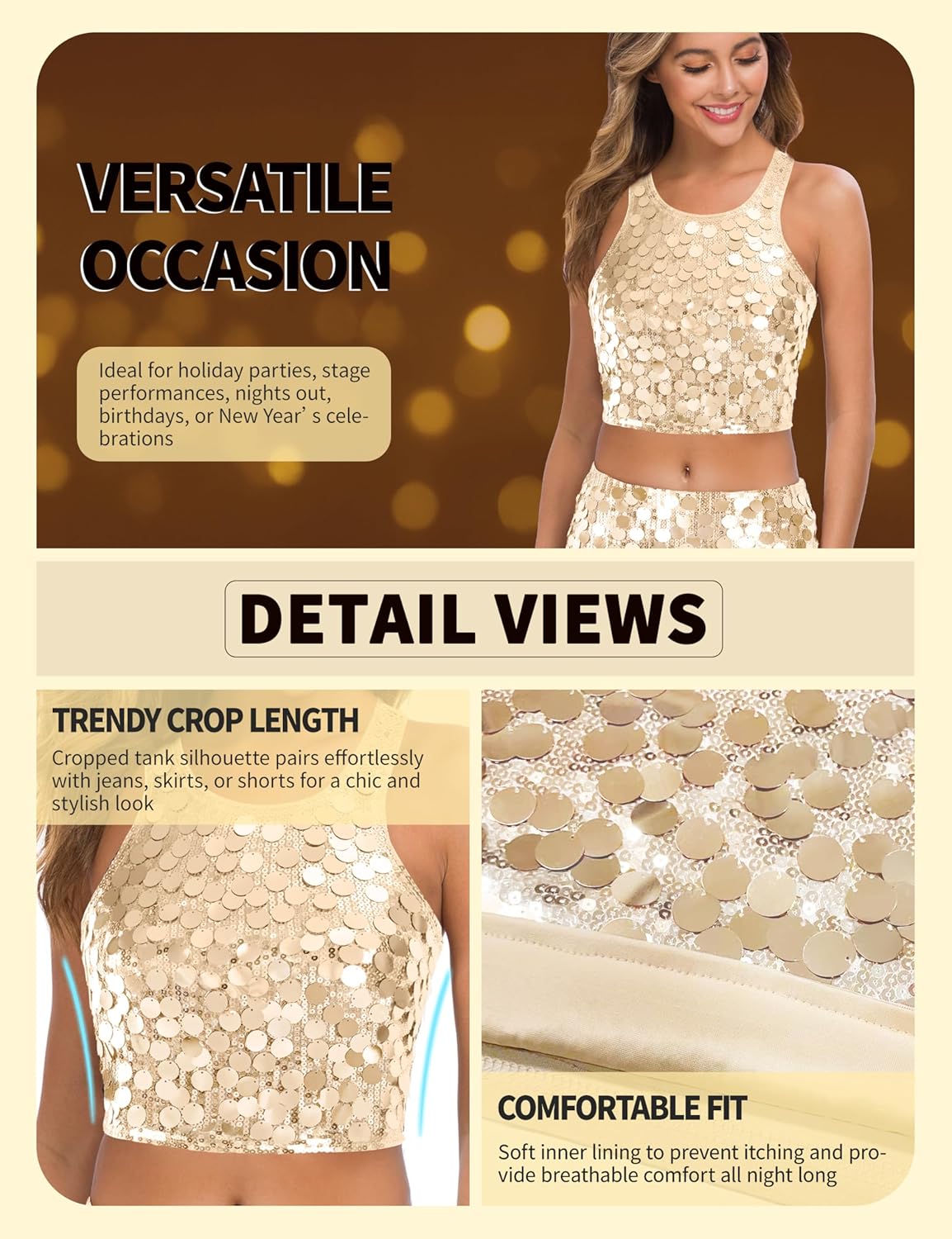 MANER Women's Contrast Sequin Crop Top Sparkle Club Tank Sleeveless Night Out Party Tops - Image 4