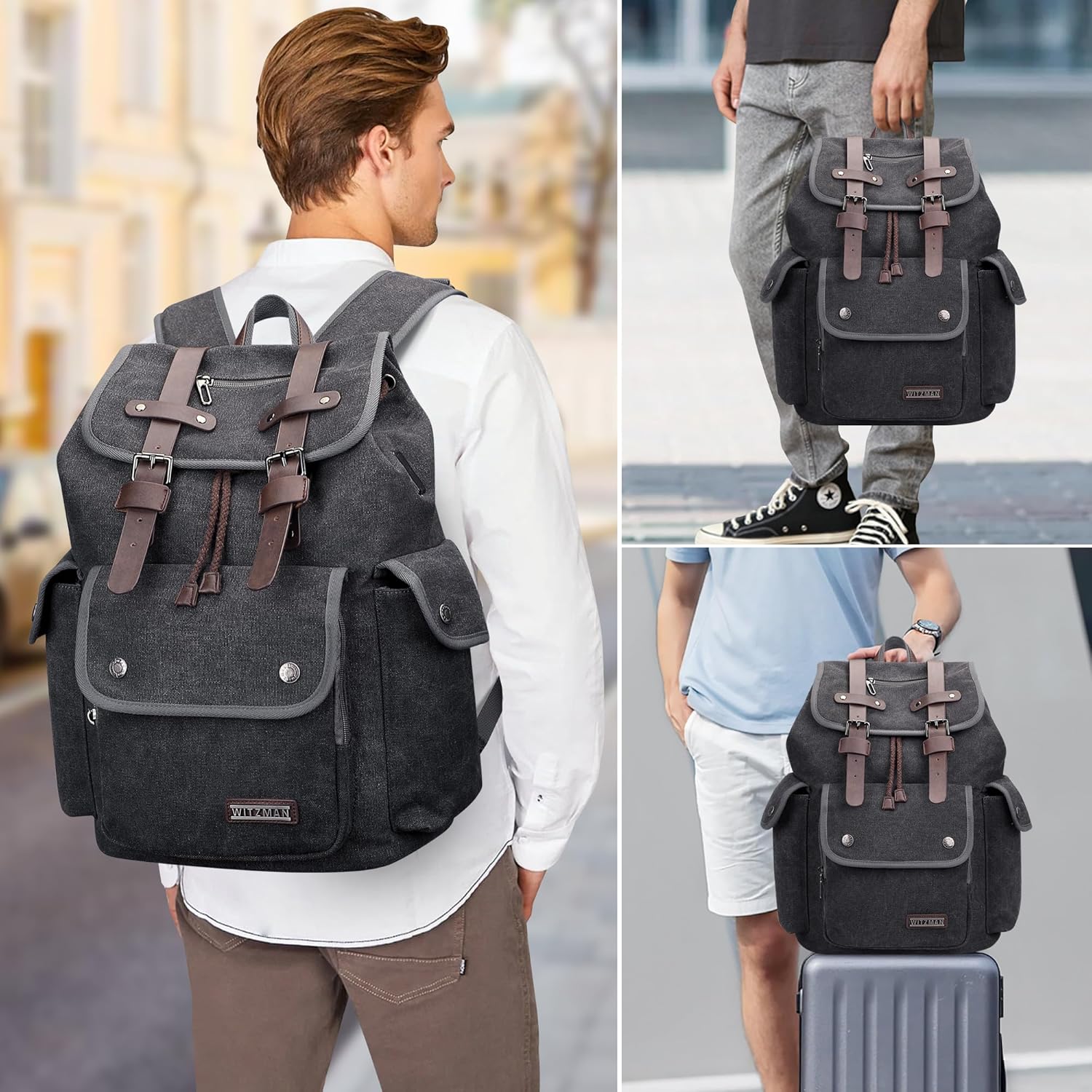 WITZMAN Canvas Backpack for Men Vintage Rucksack Fit 15.6 inch Laptop Backpack Travel High Capacity Casual Daypack (A8004 Black/Gery - Image 3