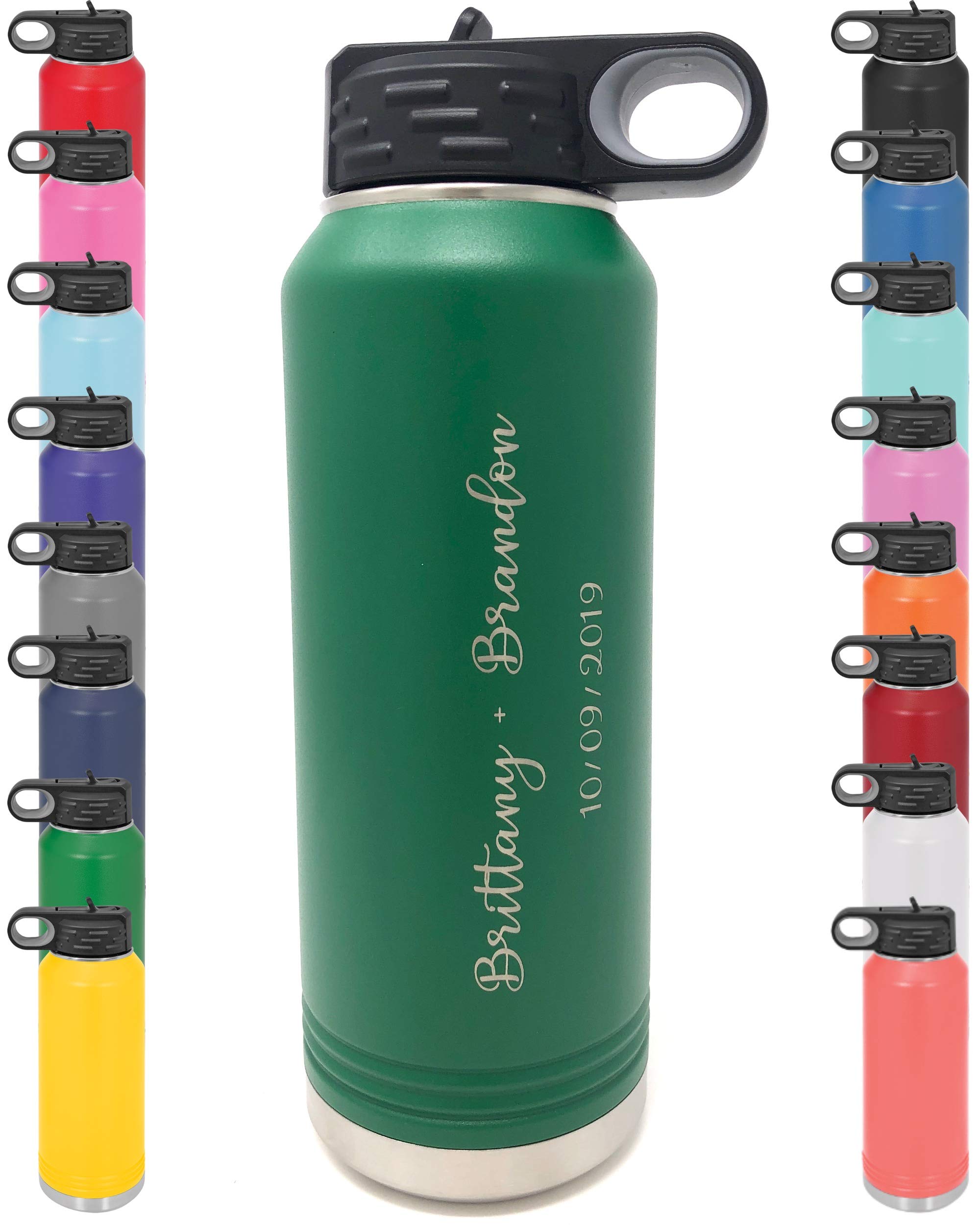 Personalized Water Bottle w/Straw & Lid, 32 oz - Green | Custom Stainless Steel Sport Water Bottle, School Water Bottle w/Name and Text - Double-Wall,