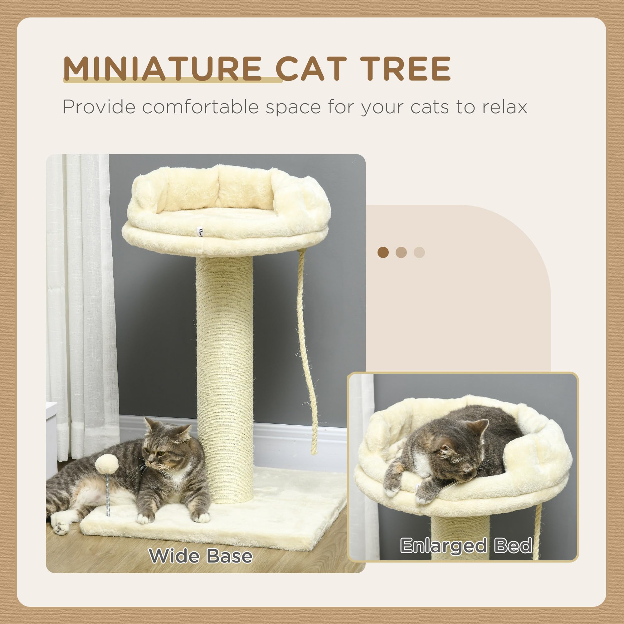 PawHut Árbol para Gatos de 83 cm, Torre para Gatos de Interior con Postes rascadores de sisal, Cama ampliada para Gatitos, Pelota y Juguete de Cuerda, Color Crema
