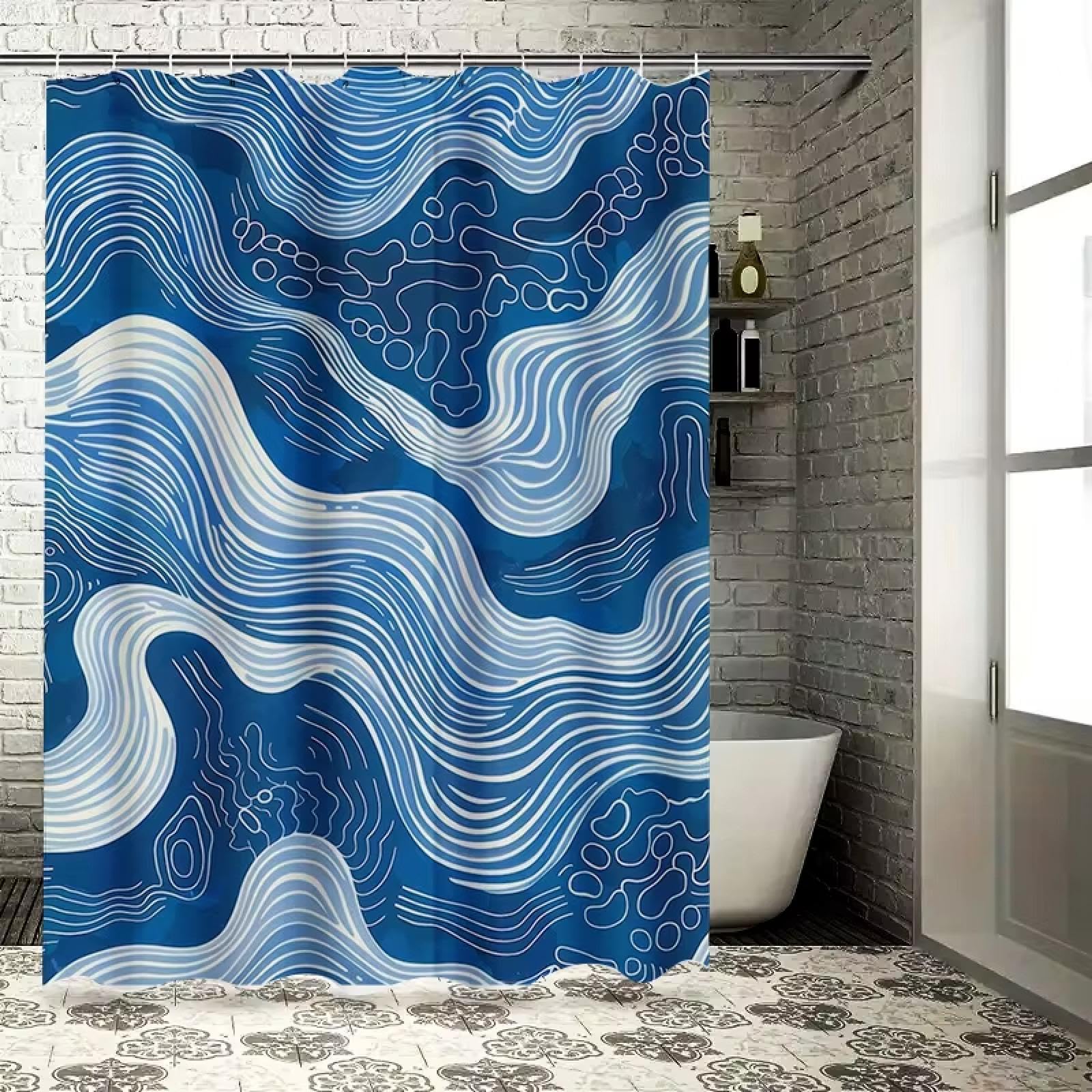 Rideau de douche vagues bleu et blanc 160x220 cm en tissu polyester imperméable