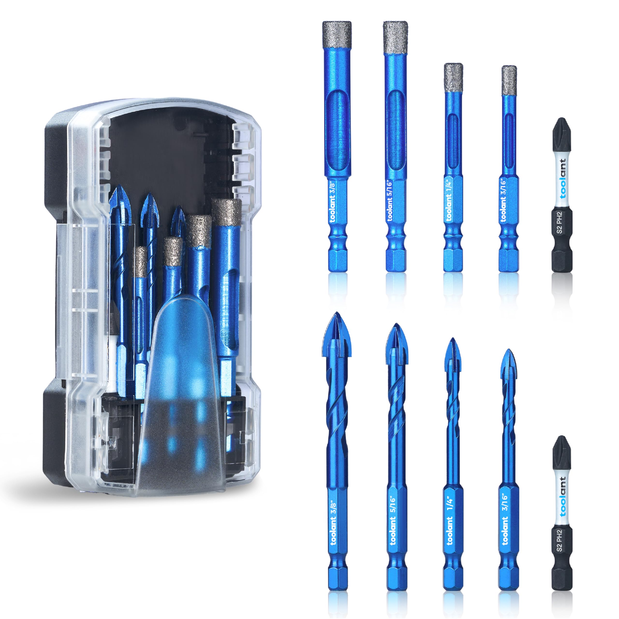 Diamond Drill Bits Set 10PCS, Glass Drill Bits for Drilling Holes in Glass,Procelain,Ceramic and Tile, Tile Drill Bit with 1/4 Inch Quick Change Hex Shank,3/16"-3/8"