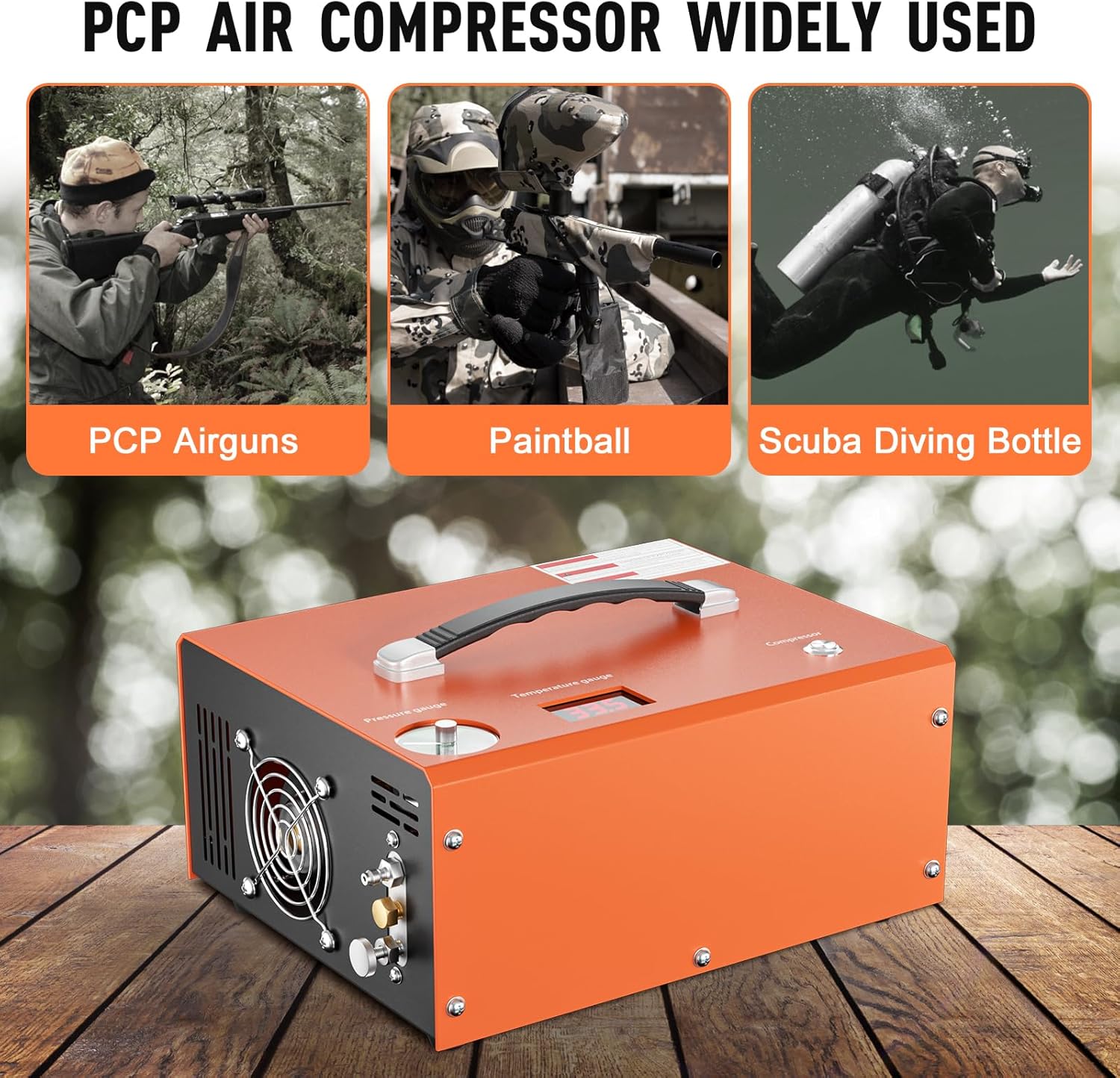 PCP Air Compressor, 4500PSI/30Mpa Scuba Tank Compressor, DC12V/AC120V PCP Airgun Compressor Auto-stop, Oil/Water-Free High Pressure Air Compressor Pump for Paintball, Air Rifle, Built-in Fan Cooling