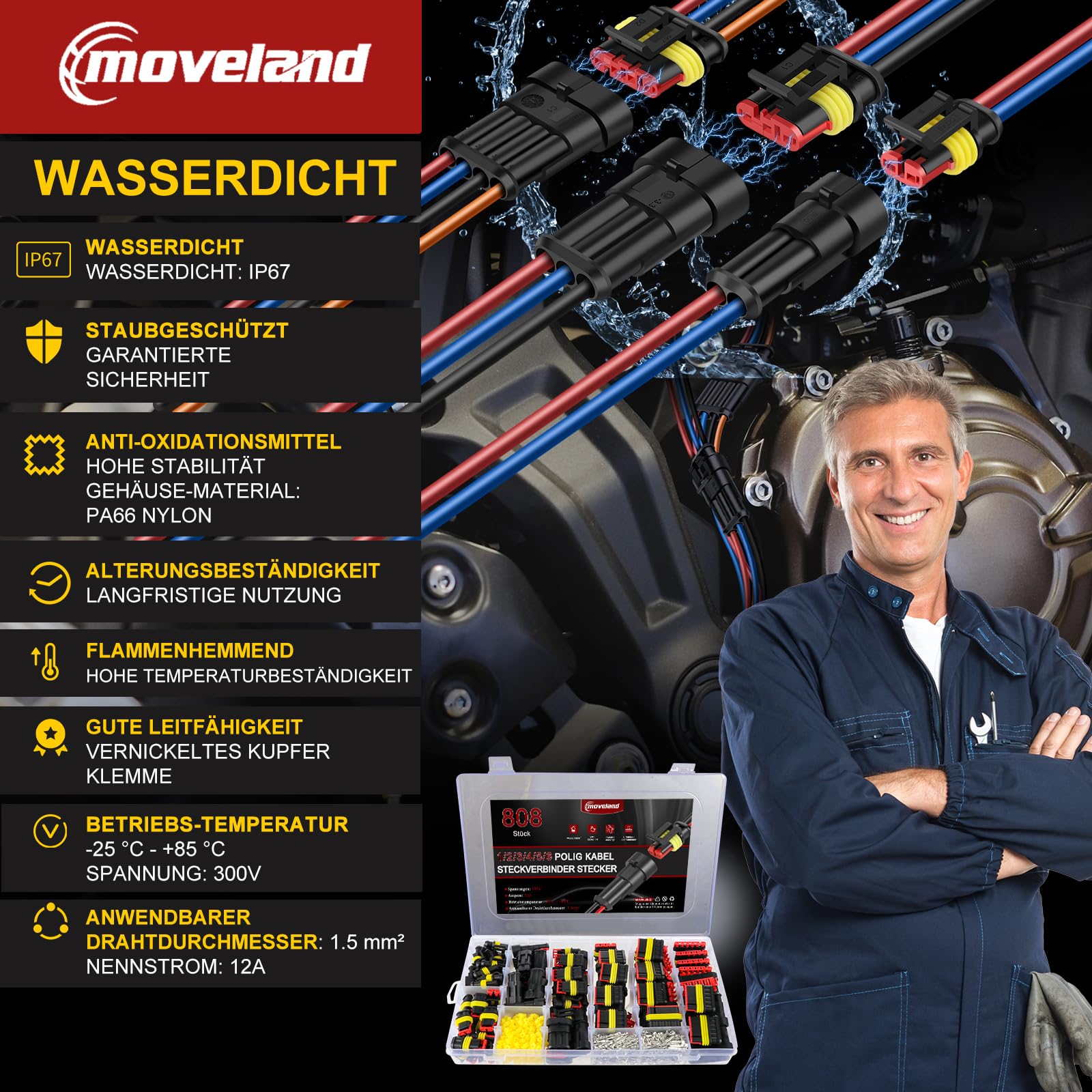 moveland Auto-stekker Set (808 Stuks) - Snelle Waterdichte Connector (1 /2/3/4/5/6-polig) - Voor vrachtwagen, boot, motorfiets (toepasselijke kabeldiameter: 1,5 mm², 300 V, 12 A moveland Auto-stekker Set (808 Stuks) - Snelle Waterdichte Connector (1 /2/3/4/5/6-polig) - Voor vrachtwagen, boot, motorfiets (toepasselijke kabeldiameter: 1,5 mm², 300 V, 12 A