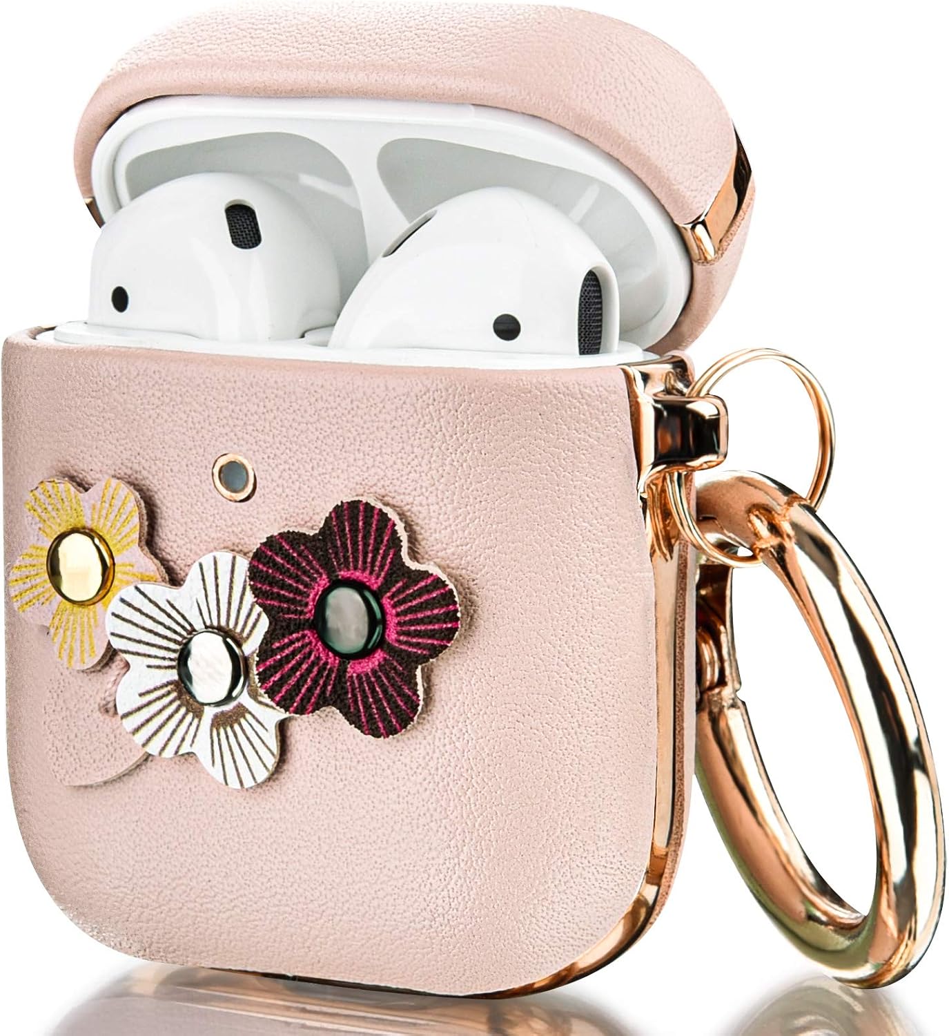 V-MORO Leather Case Compatible with Airpods Cases Women, Flowers Leather Airpod Case Cover for Airpods 2 & 1[Front LED Visible] Protective Cover Skin, Support Wireless Charging Pink