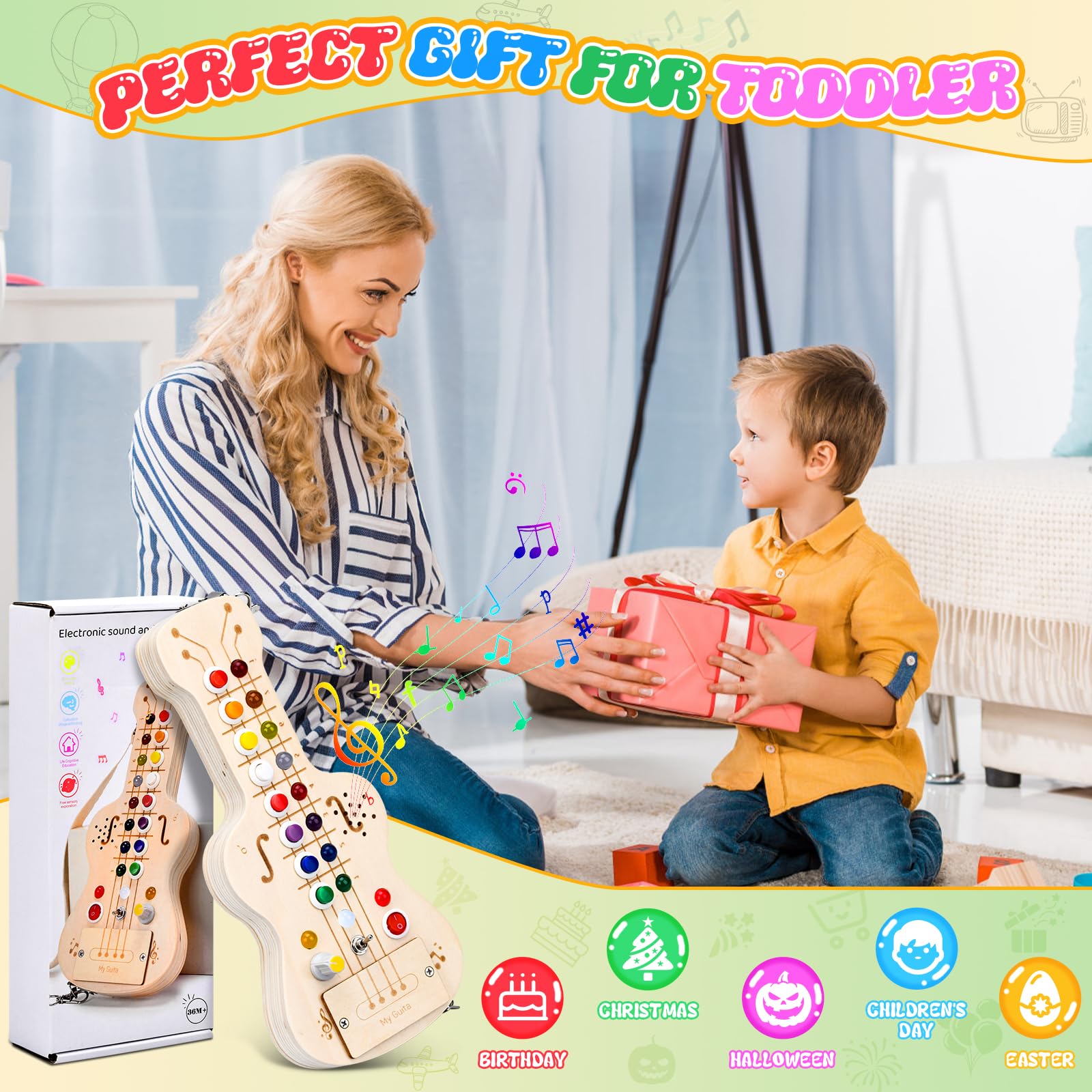 Busy Board Montessori Guitare Jouet Enfant avec Lumières LED et Boutons de Note Jouet en Bois Sensoriel pour 1-5 Ans