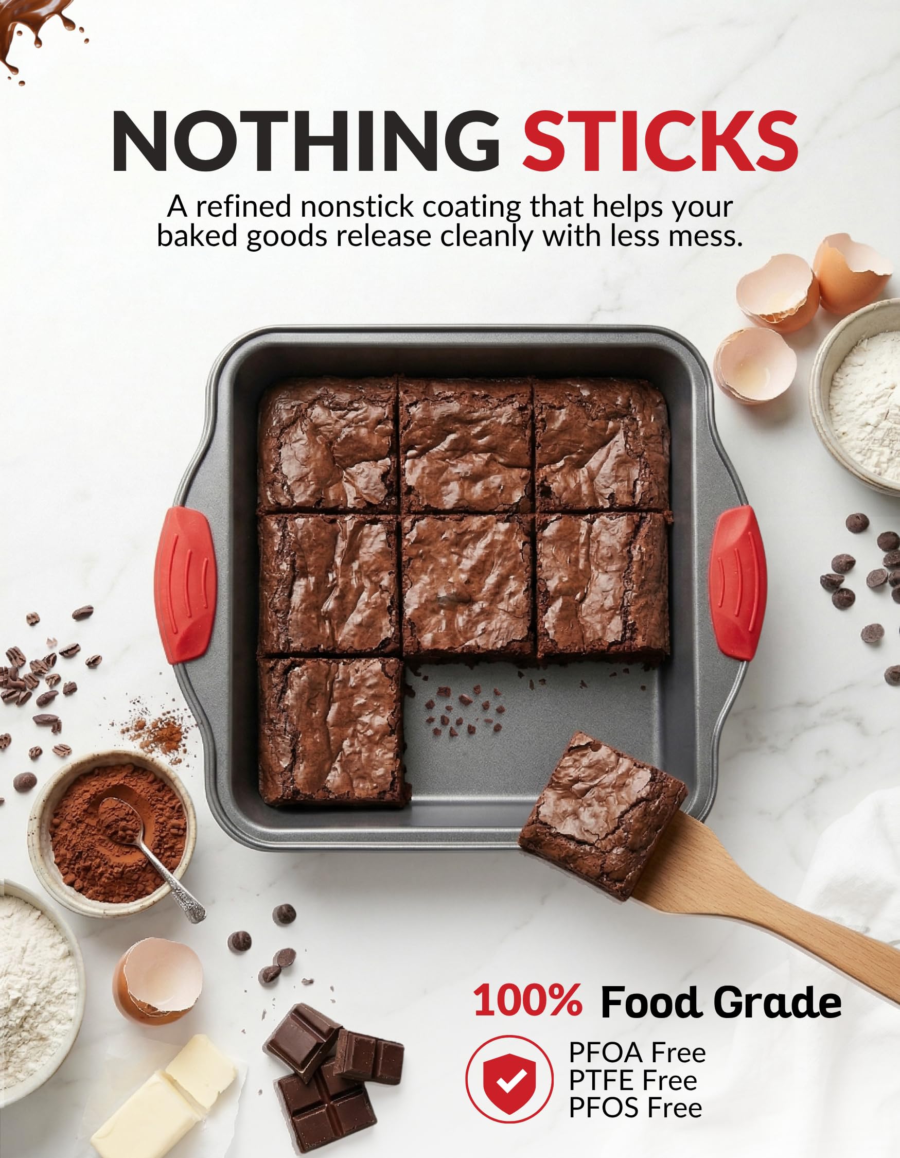 Boxiki Kitchen Moule à gâteau | Poêle carrée en acier antiadhésif de 8 po de Durable, pratique, de qualité supérieure antiadhésive cuisson moule moule | Brownie Pan avec poignées en silicone rouge