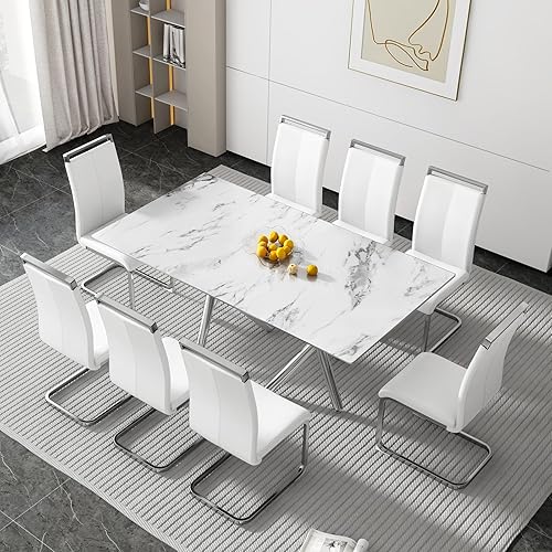 Miniatura 23 de Juego de 6 mesas de comedor de cristal, moderno juego de mesa de comedor de 71 pulgadas con 6 sillas de comedor tapizadas de piel sintética para