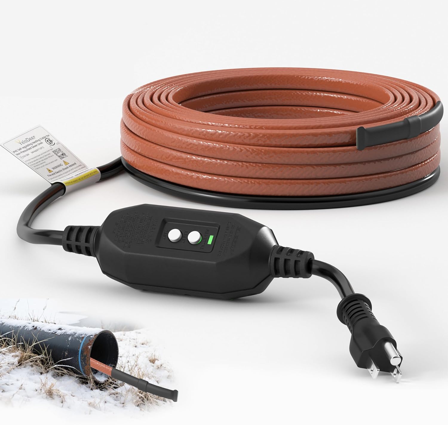 20 FT Inside Drain Pipe Heating Cable for Sewer and Waste Pipe, Self-Regulating in Pipe Heater Cable with GFCI, Submersible Heat Trace for Sewage Sump Septic Systems, CSA 5 W/FT 120 V