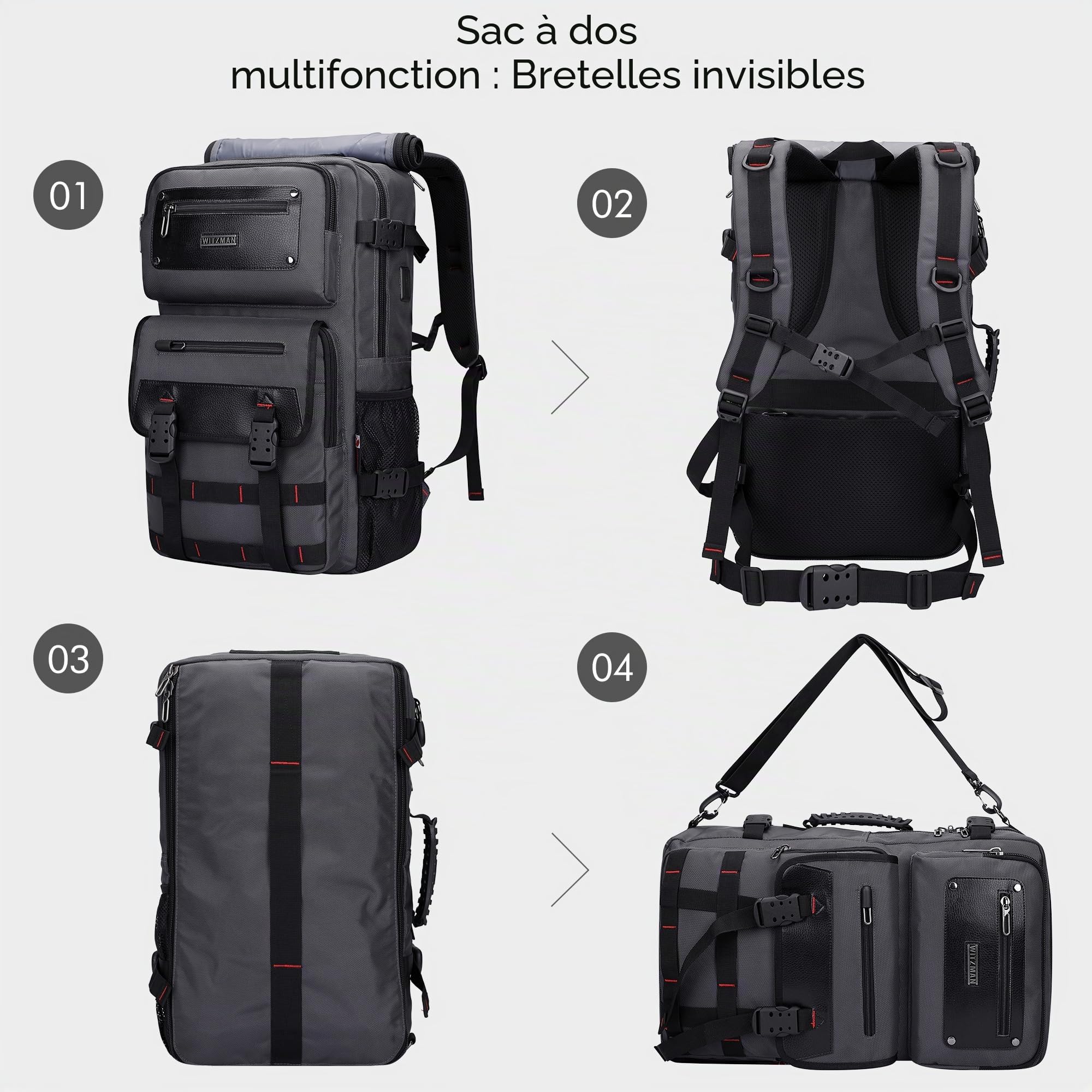 WITZMAN Sac à Dos Voyage Homme Convertible 17 Pouces avec USB