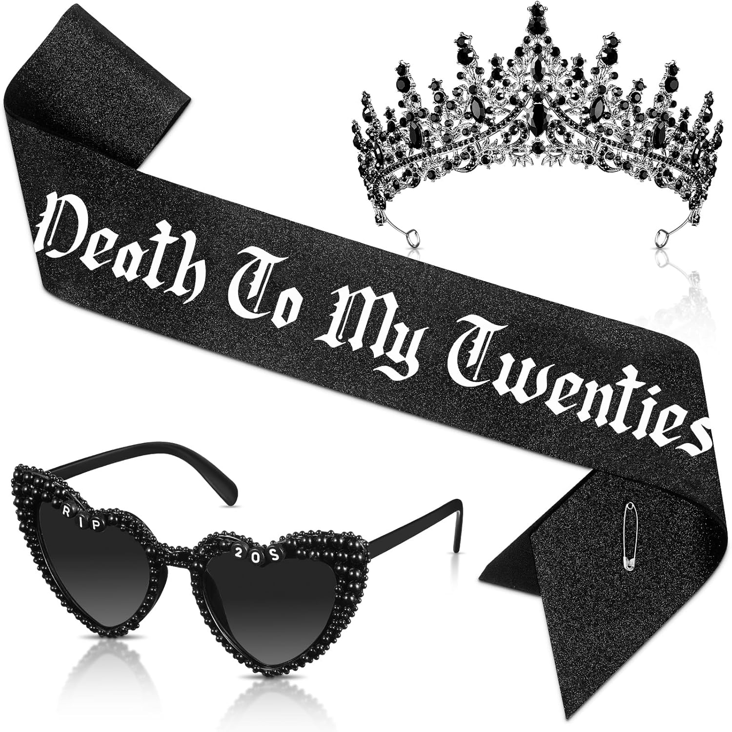 JaGely 3 Pcs 30th Birthday Party Accessories Set, Gothic Crown Tiara Rip to My 20s Sash and Death to 20s Sunglasses(Black,Death to My Twenties)