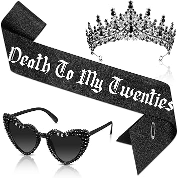 JaGely 3 Pcs 30th Birthday Party Accessories Set, Gothic Crown Tiara Rip to My 20s Sash and Death to 20s SunglassesBlack,Death to My Twenties